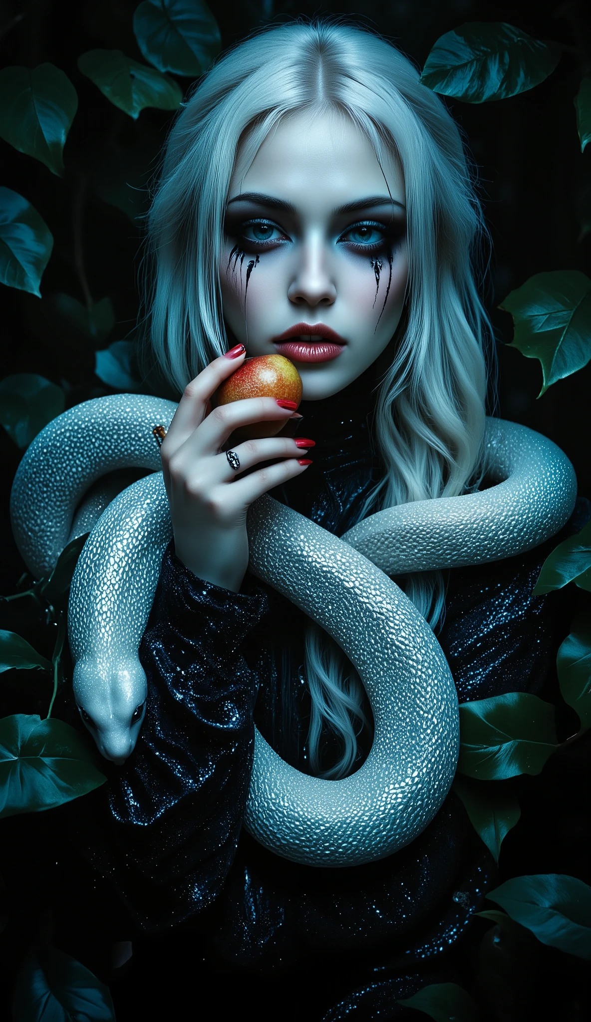 A hyper-realistic, dark fantasy portrait of a pale-skinned young woman with long, wavy white hair, surrounded by deep green foliage in a dimly lit, mystical forest. Her striking eyes are shadowed with dark makeup, and black tears stream from the corners, giving her a melancholic yet powerful expression. She holds a ripe, glossy pear close to her lips, her nails painted deep red. A large, albino serpent with pearlescent white scales coils gracefully around her shoulders and arms, its body subtly reflecting the soft, diffused moonlight filtering through the leaves. The atmosphere is eerie yet enchanting, evoking a gothic, forbidden allure. High detail, cinematic lighting, ultra-sharp focus, with an emphasis on the contrast between her pale complexion, the serpent's textured scales, and the darkness of the background.