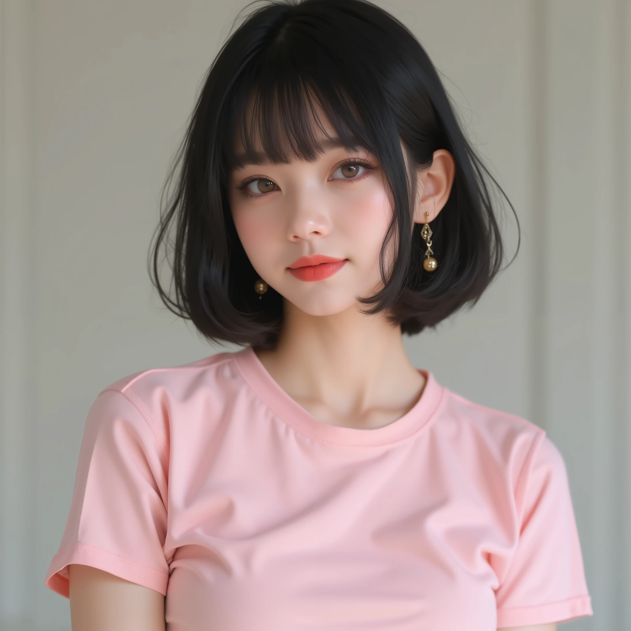 Amazing portrait of the upper body of a young woman who is 20 years old with a beautiful and highly detailed face and skin texture with fine brown eyes with double eyelid and thin eyebrows and glitter eyeliner with natural cheeks and shiny skin wearing a pastel pink t shirt paired with a pastel green shorts and earrings with glossy lips parted in an enchanting smile with black short bob hair with focus on her chest and face with this upper body shot with small breasts