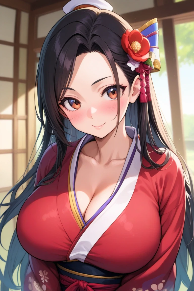 masterpiece, best quality, <lora:yotohimealt-nvwls-v1-000009:0.9> yoto hime, long ponytail, hair ornament, off-shoulder kimono, black kimono, cleavage, sash, floral print, large breasts, seiza, smile, from above, blush, tea, indoors, looking at viewer