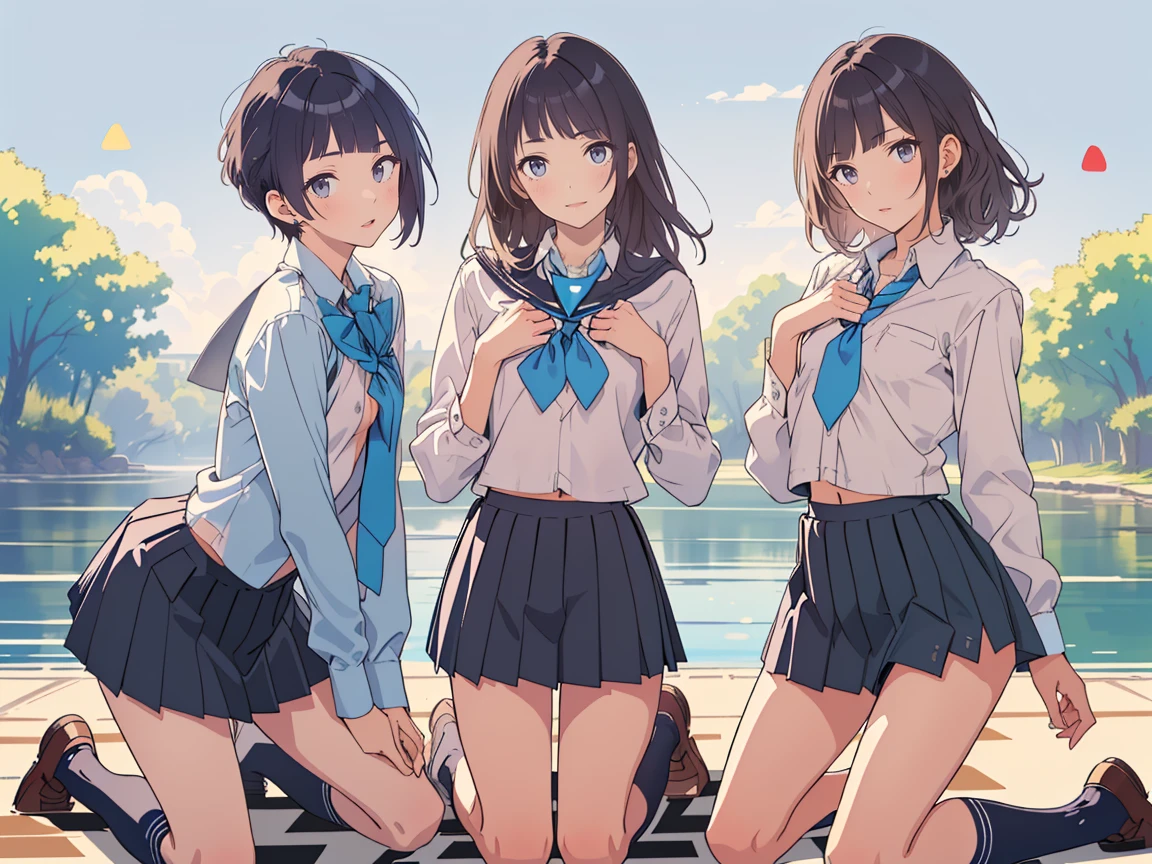 Super detailed, Best Quality, High resolution, Moe Anime, ((((She is wearing a short, see-through, sleeveless sailor uniform., Three cute little girls with black hair are sitting.)))), (Baby Face), ((Big eyes:1.5, Droopy eyes:1.5)), Pretty eyes, View your viewers, Light skin, Focus on the face, (Nipples are visible through the fabric:1.5), (Flat Chest:1.5), Belly button, In the park with cherry blossoms falling, Knee-high boots, (Short Hair:1.5)