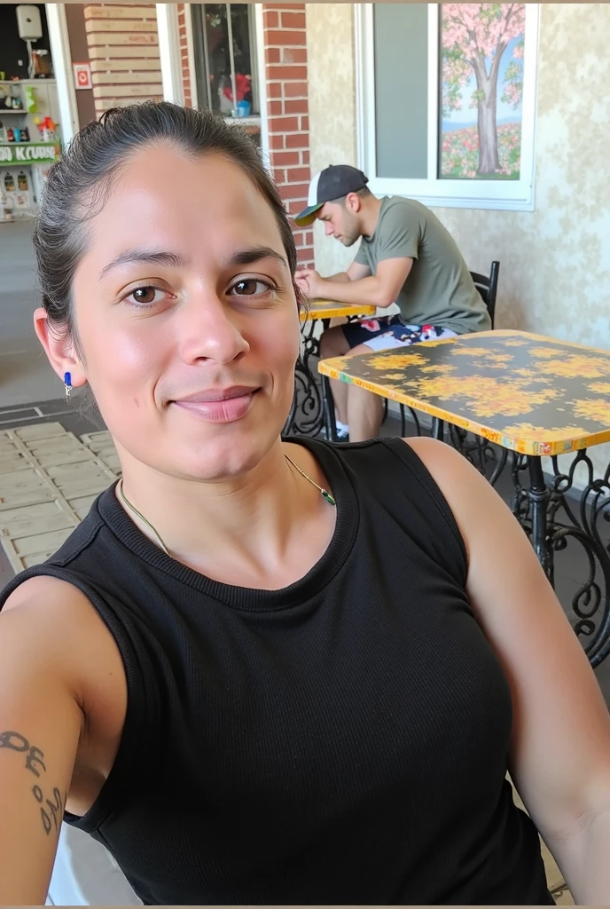 woman sitting at a table with a cup of coffee and cell phone, sitting in a cafe, 45-year-old woman from cuba, drinking coffee, woman drinking coffee, drinking a coffee, sitting at table, breakfast at las pozas, sitting in a cafe alone, in a coffee shop, sitting on a mocha-colored table, 35 year brazilian mother