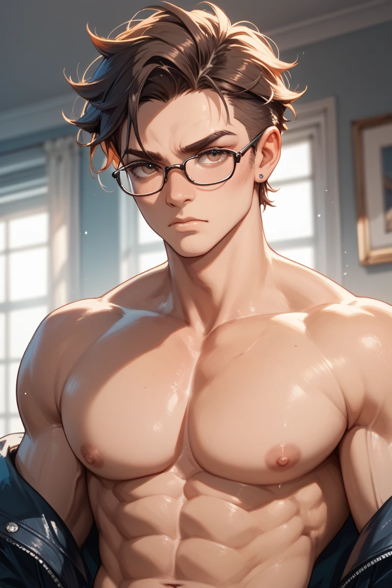 best quality, masterpiece, extremely detailed, handsome young man, skinny build, messy curtain bangs, thick-rimmed glasses, preppy style, holds books tightly to his chest, gay, homoerotic, romantic atmosphere, ambient lighting, extremely dramatic shadows, perfection, no watermark, no logo, no signature