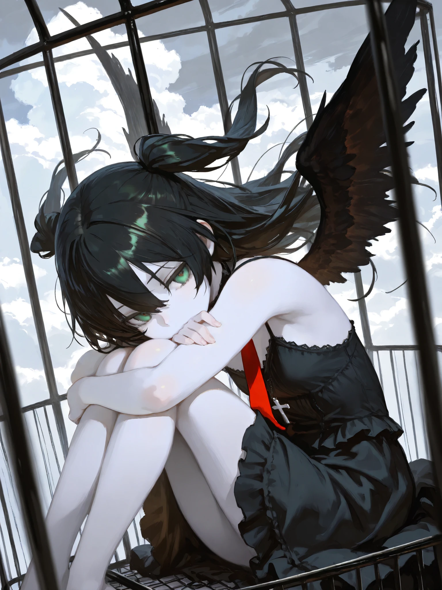 1girl ,camisole ,green eyes ,bangs between eyes ,black hair ,cloud ,cloudy sky ,In the cage ,cross ,long hair ,two side up ,necktie ,painterly ,pale skin ,hugging own legs ,red necktie ,skirt ,solo ,gothic ta ,black dress ,wings ,wind ,masterpiece, best quality, ultra detailed ,