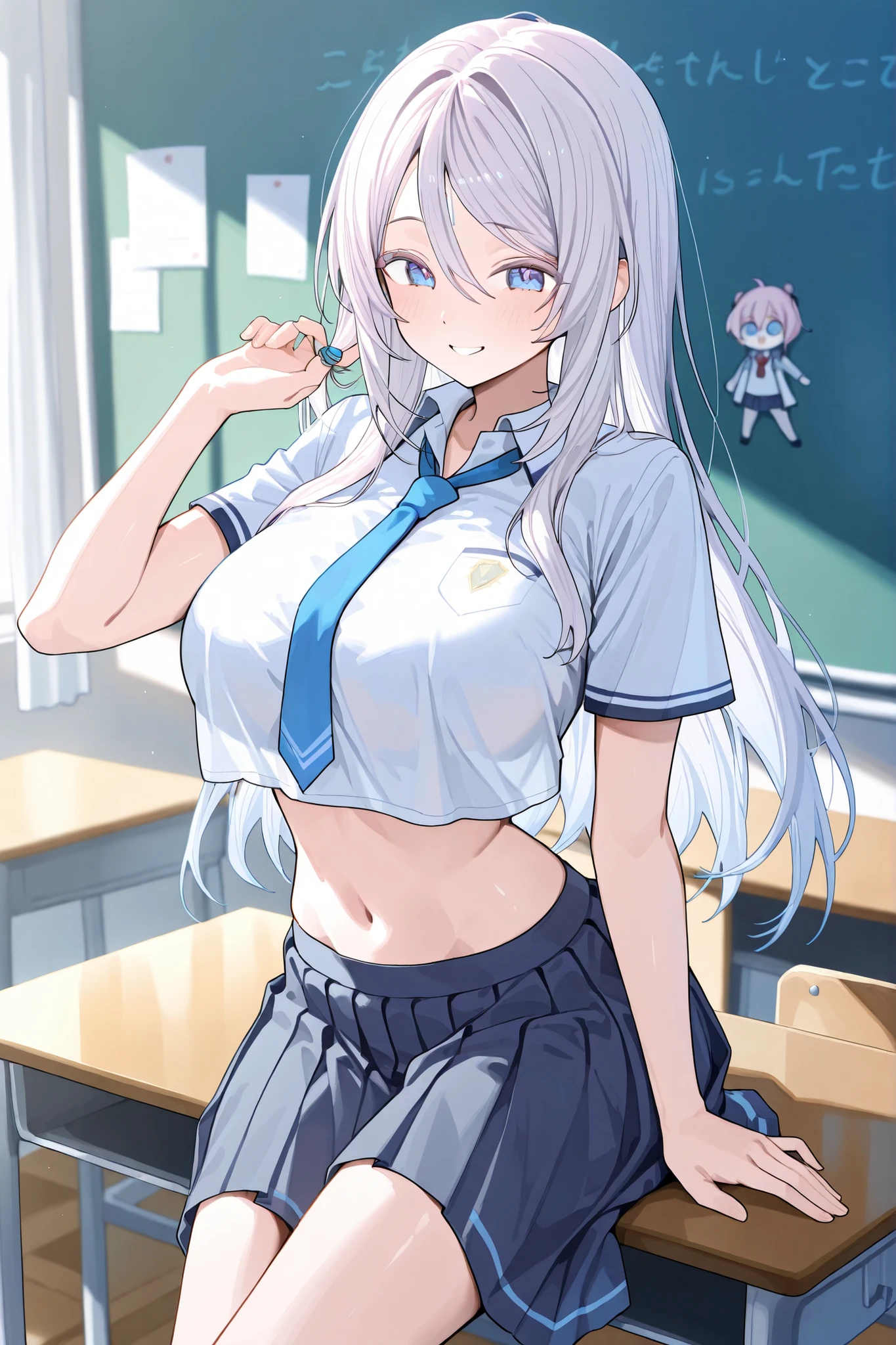 1 girl , fit girl , score 9 score 8 , 7 , score _6 unceasored , 1 girl , long hair white, dark blue eyes, skirt , blue , blue , white blouse has bare navel , hair , school uniform shows belly skirt , tie , smile , sclose mouth , typing up hair tie backgroond in classroom , standing , crop clothes , she is you can see the foot , she is thin , Stand with your body fascing me , huge butt and big breasts , white hair ( alisa_mikhailovna)
Hair between !! Long bengs between the eyes , sitting
The gaps on the forehead are filled with hair , big eyes, detalied eyeslashes , detalied eyes