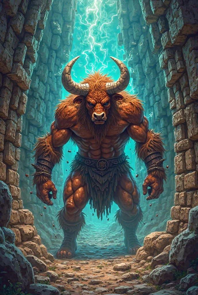 score_9, score_8_up, score_7_up, male anthro bull minotaur, forest, night, muscular, detailed, newest, feet, pain face, gritted teeth, renaissance painting, torn clothes,