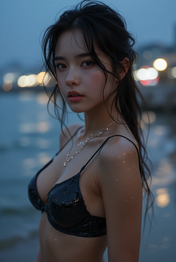 A 20-year-old woman with a very cute face like an idol、((leica 50 mm prime lens, cinestill 800T film))、(Cleavage)、(((Beautiful starry sky on the beach at night)))、((Very dim lighting))、((Don't expose your face to the light))、((Long-distance shot))、(live-actionと見分けがつかない高品質)、RAW Photos、Genuine、live-action、(Artistic Expression)、High resolution、masterpiece