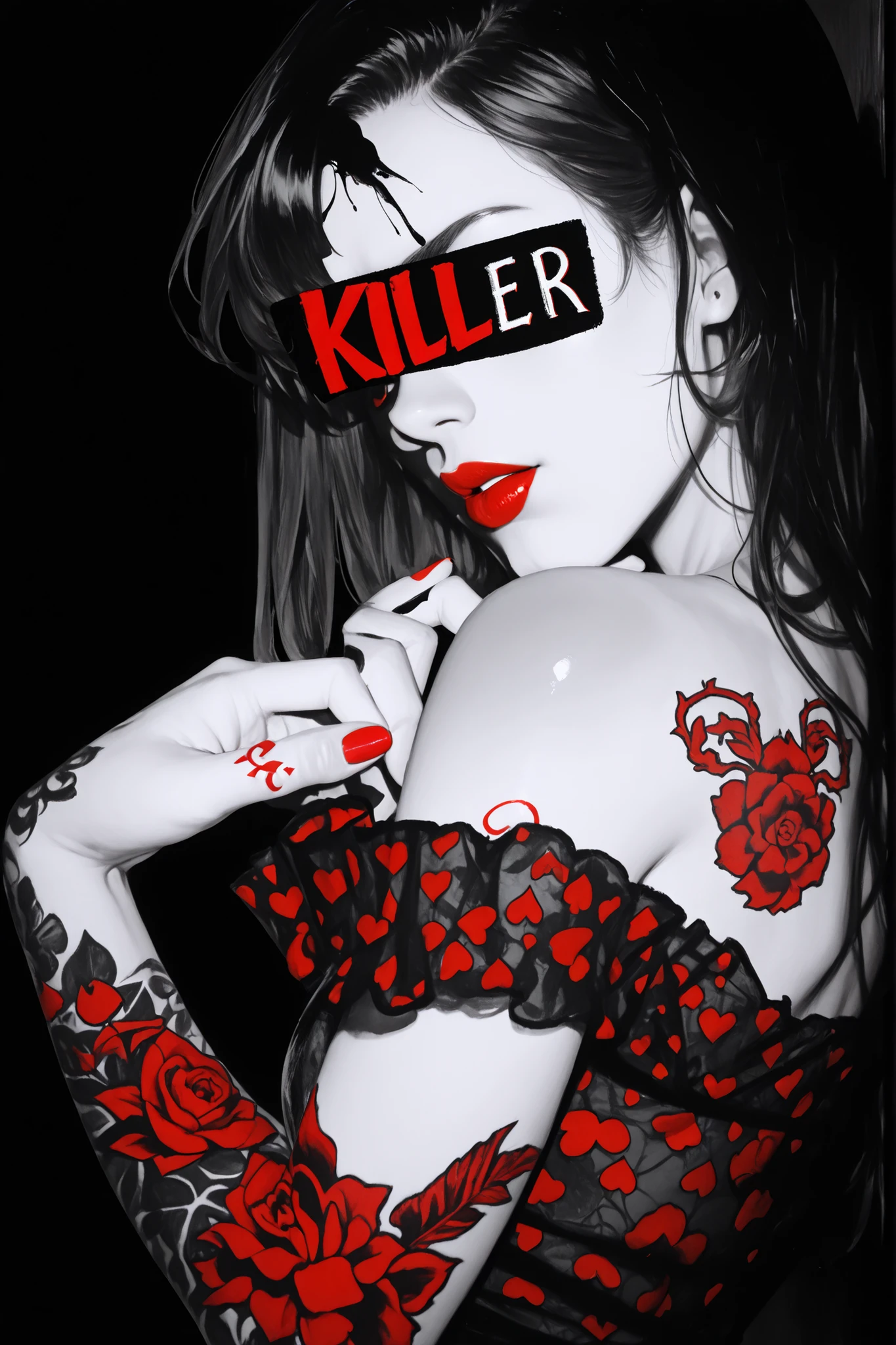 dark and bold theme, short straight hair, sheer black top with red heart patterns, intricate tattoos on arm and shoulder, red and black ink tattoos, word tattoos "breathe" on hand and "kill" on arm, red nail polish, posed hand near chin, looking away, dramatic lighting, high contrast shadows, edgy artistic atmosphere, close-up shot with shallow depth of field