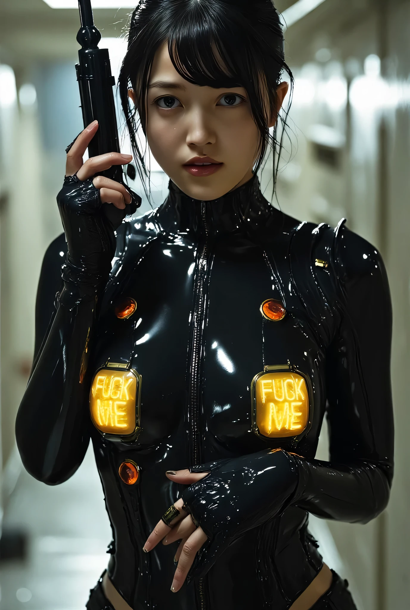 (((pitch-dark spaceship Nostromo holding 2 UZI submachine guns:2.0))),(((HR Gigger style cyberpunk vibe:2.0))),(((Inside the:2.0))),(( pointing a muzzle at the viewer :2.0)), standing,(((full body:2.0))),one woman,(cute face:2.0),(Beautiful well-balanced face :2.0),((long hair with bangs:2.0)),(black hair:1.5),(beautiful eyes:1.3),glamorous shot of a 20-year-old Japanese woman, Slender Beautiful Body ,((model body type:2.0)),((slim body:1.7)),Perfect Body Line,ideal proportions,((small breasts:2.0)),((Three sizes 84-55-85:2.0)),((B cup breasts:1.5)),beautiful breasts,Sensual Thighs,delicate body,(succulent:1.7),harmonious posture,((Realistic breast depiction :1.7)),carefully depict limbs based on perfect anatomy,((pure black glass skin that almost assimilates with skin:2.0)),((体に密着したガラス製のfull bodyを覆うボディスーツ:2.0)),((Black bodysuit that glows from the inside with LEDs:2.0)),(Glamorous shot of a 20-year-old Japanese woman with yellow LED nipples:1.5),((Tactical Holster:1.5)),((((発光するGlamorous shot of a 20-year-old Japanese woman with yellow LED nipples:2.0)))),concept art,(Best Quality:1.5),(masterpiece:1.5),(超高resolution),resolution,UHD,(Delicate Description), carefully drawn with butterfly wings ,32k,((Realistic Skin Texture:1.5)),(((ultra-realistic:1.5))),carefully draw eyelashes,Highly detailed faces,Highly detailed female hand, Sexy appearance ,very sensual,(Blurry Dim Backgrounds :1.5),Professional Photography,(Movie Lighting:2.0),((Blade Runner style light:2.0))