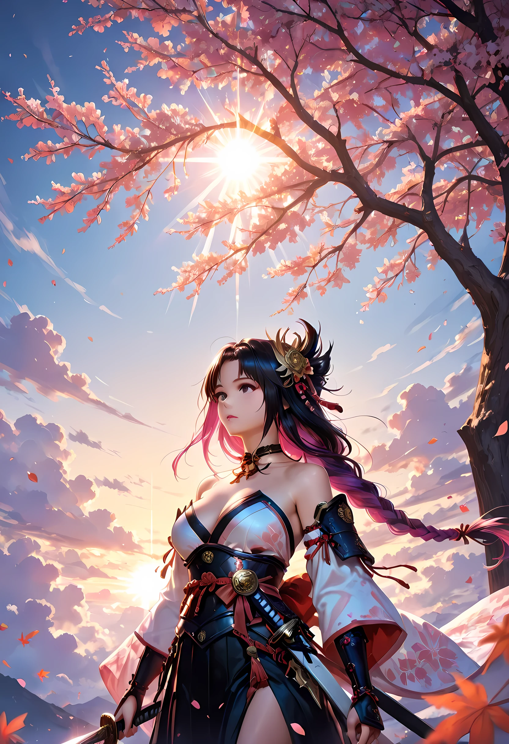 a woman samurai under the cherry tree at sunset, beautiful woman samurai, she holds an epic katana blade, the blade reflects light, ultra feminine, long hair, braided hair, dynamic hair color, an epic cherry tree, many branches, colorful, the sun rays come between the leaves and branches, light reflection, it is sunset, some clouds, award winning, photorealism, depth of field, hyper realistic, Cinematic Shot, fantasy, LOAsuccXL, strapless
