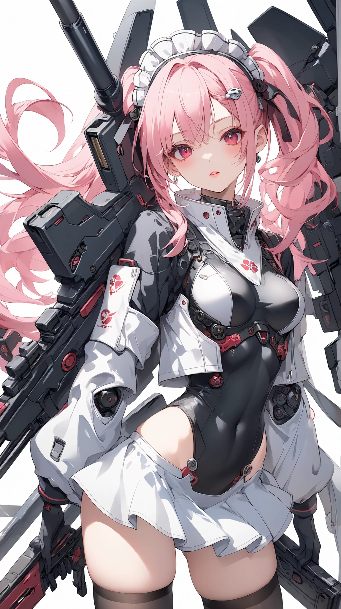 1girl, solo, long hair, breasts, looking at viewer, blush, bangs, simple background, black hair, hair ornament, red eyes, thighhighs, gloves, white background, holding, medium breasts, weapon, pink hair, red hair, multicolored hair, parted lips, necktie, black gloves, black thighhighs, pink eyes, holding weapon, armor, two-tone hair, leotard, streaked hair, gun, maid headdress, covered navel, holding gun, rifle, mecha musume,The image depicts a highly detailed and intricate anime-style character. The character has long, flowing hair that is predominantly black with streaks of pink. She is wearing a futuristic, high-tech suit that is primarily white and red, with various mechanical components and gadgets attached to her suit. The suit includes a large, high-tech firearm that she is holding in her right hand, which is also intricately designed with red and white details. The character's expression is neutral, and she is standing confidently. The background is plain white, which helps to highlight the character and her detailed attire.,hkmecha