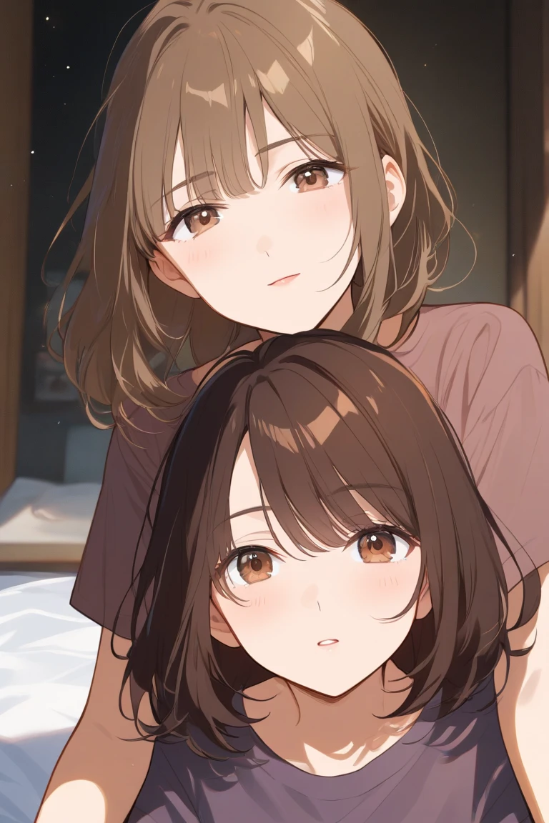 an adult woman, Brown hair, Brown eyes, crying a lot, at night in his room, It's night and there is only light from the night sky, very noticeable tears