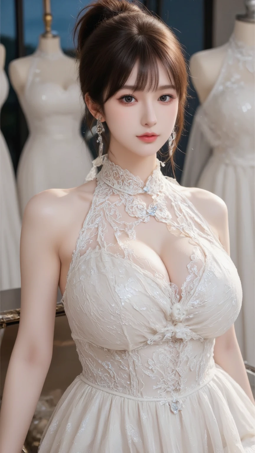 (8K, Best Quality, masutepiece:1.4), (Intricate details:1.3), (Realistic), (Ultra-detailed), 1girl in, Solo, (married woman、age 40eautuful Women、A MILF, ( smile:1.35), Front view, (Leaning forward:1.2), Showing cleavage, Looking at Viewer, chies, Detailed long hair, (Fluffy long black hair), Detailed eyes,, Hourglass body shape, ( :1.1), (Huge breasts), thick thighs, wide hips, Small waist、Golden Wedding Dresses、Tight mini skirt、Golden Bride Gown、Wedding Decorations、 Realistic lighting, natural soft light, Dynamic lighting