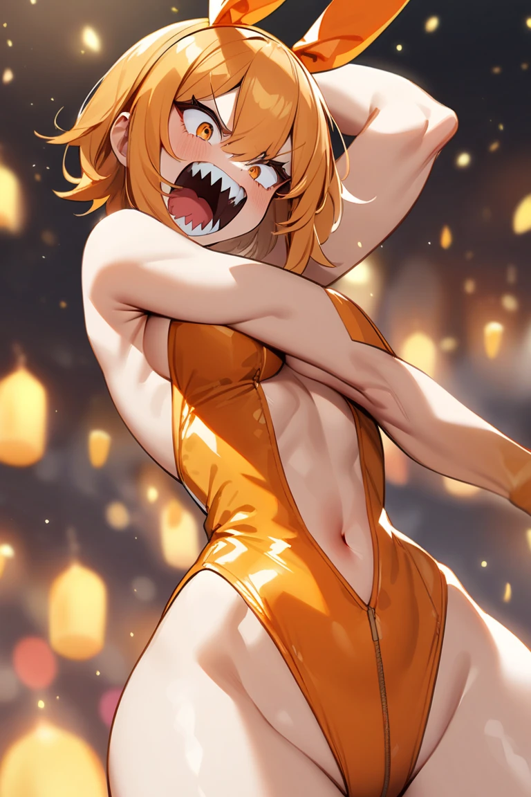 1 girl,(Orange hair:1.3),((Playmate Bunny、Orange Leotard:1.4)),(Orange bow tie,White cuffs,Rabbit ears:1.3),(Laughing,Open mouth:1.2),From below,Dynamic Pose,Dynamic Angle,(Spoken Heart:1.2),Orange background, absurderes, (masutepiece, Best Quality, hight resolution, Hyper-Resolution ), Intricate details,Hyper realistic,Professional Lighting