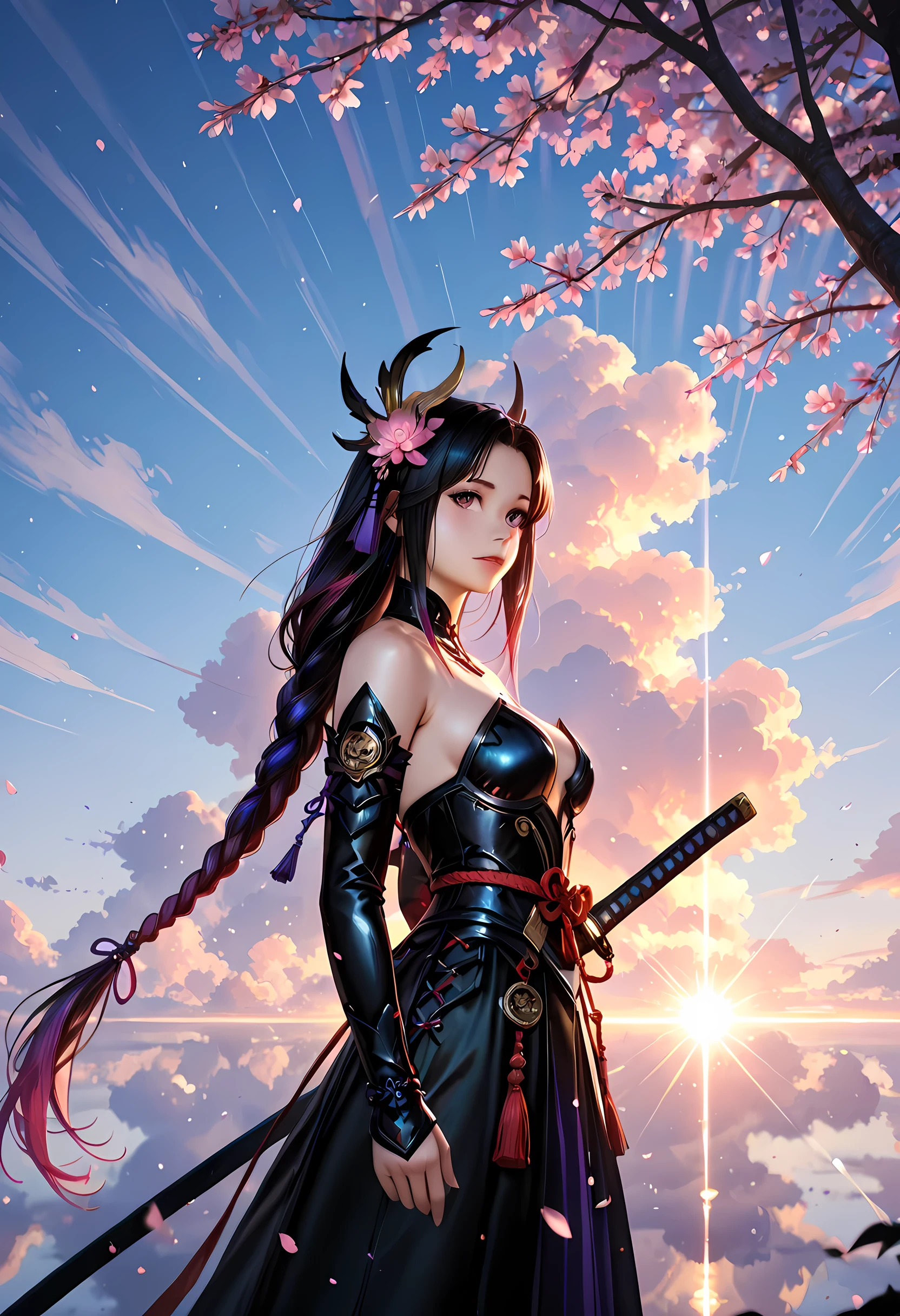a woman samurai under the cherry tree at sunset, beautiful woman samurai, she holds an epic katana blade, the blade reflects light, ultra feminine, long hair, braided hair, dynamic hair color, an epic cherry tree, many branches, colorful, the sun rays come between the leaves and branches, light reflection, it is sunset, some clouds, award winning, photorealism, depth of field, hyper realistic, Cinematic Shot, fantasy, LOAsuccXL, strapless