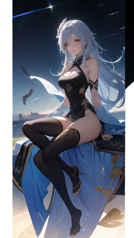 (16k, RAW photo, photorealistic:1.25), (huge breasts), (highly detailed Caucasian skin:1.2), (1girl, solo, French braid,shoulder-length long hair, looking at viewer, green eyes, full body, hair bow, grey hair, lace grey bra,Black stockings,), A close up of the person, well sunlit, sitting at the bar counter, ulzzang, ((looking at viewer)), Serene and goddess-like,Perfect body structure, perfect face, perfect hand, perfect finger, perfect feet,photorealistic,