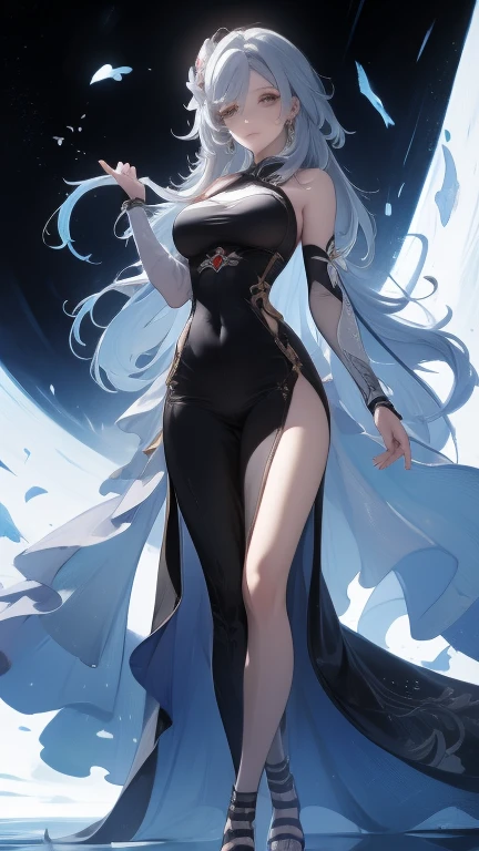 Prom background,Night dance ,silver long hair,Low ponytail,Standing close-up,dream world,Royal sister,(hair clip,Clip the ponytail),Messy hair,Elongated danphoenix eyes,eye shadow,Contact lenses,(sequin dress,Gorgeous and revealing gown,expensive dress:2.0),(big breast)ballroom background,(Soft light and shadow:1.9),Intricate body jewelry,High heeled dancing shoes,Detailedly drawn backgrounds