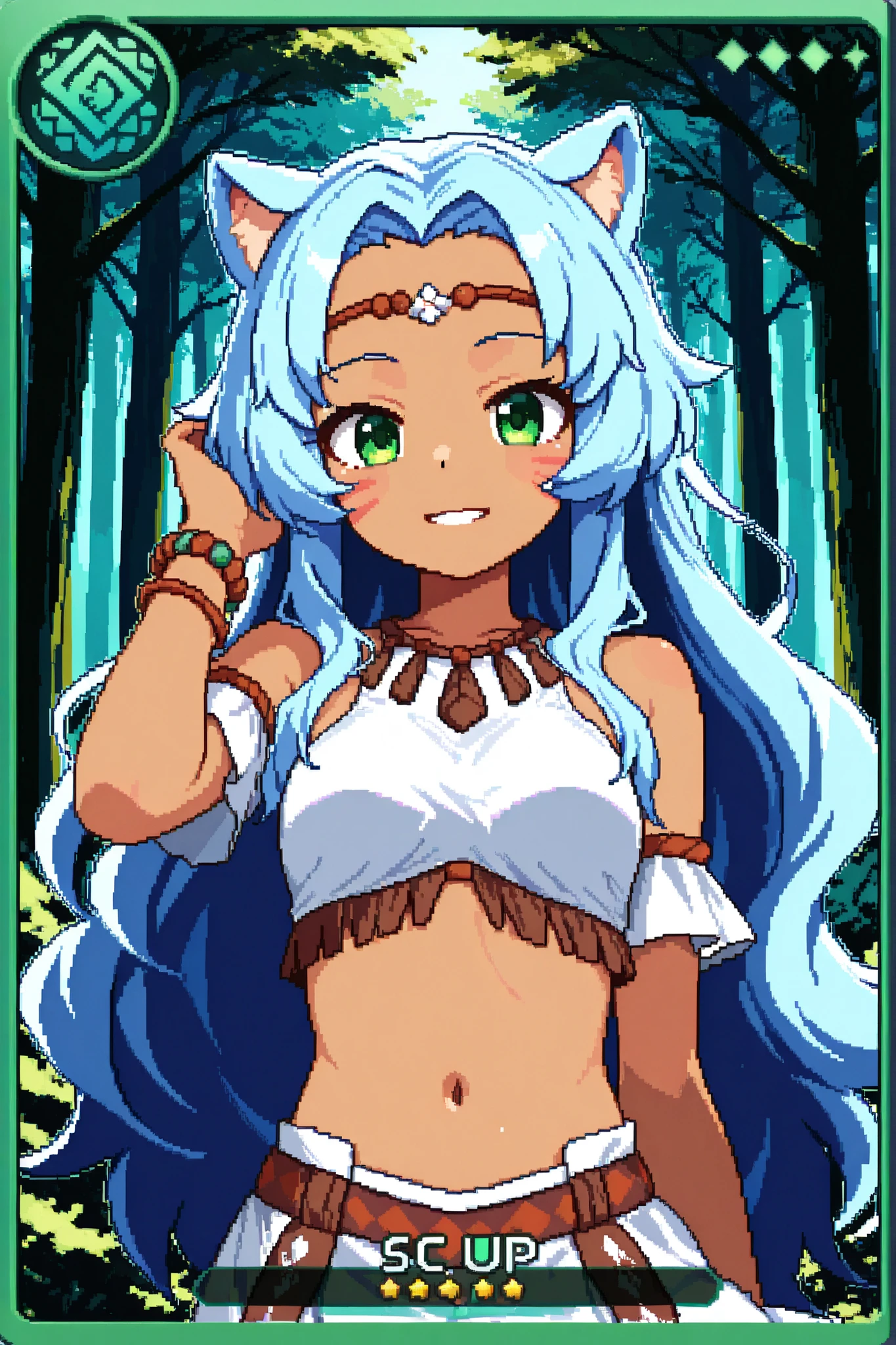 score_9, score_8_up, score_7_up, source_anime, 1girl, solo, pixel art, playingcard, elite rank icon, E, trading card, card_(medium), RPG stats, kemonomimi, hedgehog girl BREAK 

Light blue hair, sidelocks, green eyes, small breasts, animal ears, very long hair, wavy hair, hedgehog ears, tanned skin, forehead BREAK 

Tribal clothes, whisker markings, jewelry, circlet, bracelet, white_crop_top, navel, white skirt BREAK 

Looking at viewer, looking at viewer, smile, closed mouth, upper body, portrait, outdoors, (pinewood forest), daytime, walking, teeth, adjusting hair