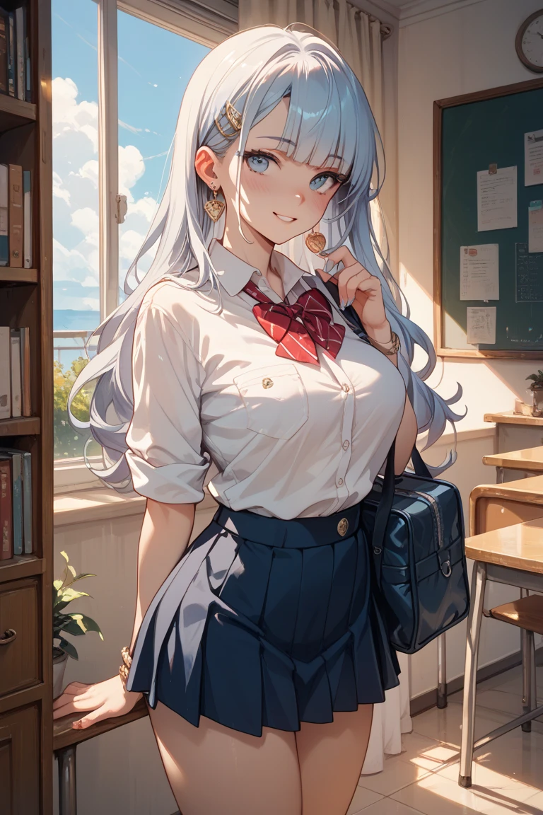 <lora:yamato_v2:1>yamato\(one piece\), high ponytail, hair ornament, parted lips, white hair, oni, earrings, bag, covered nipples, 1girl, white shirt, hoop earrings, standing, necktie, orange eyes, contemporary, blue skirt, multicolored hair, indoors, between breasts, looking at viewer, pleated skirt, underwear, lips, thighs, miniskirt, panties, solo, curled horns, animal print, horns, shirt, school bag, black necktie, no bra, necktie between breasts, plaid skirt, green hair, long hair, skirt, aqua hair, holding, jewelry, large breasts, red horns, pantyshot, school uniform, choker