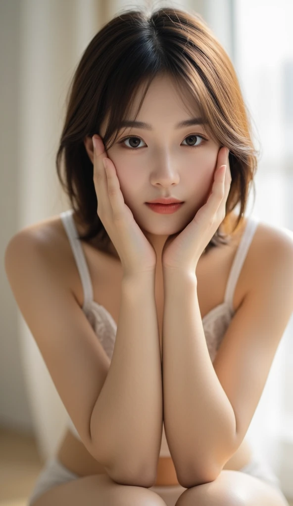 Beautiful middle-aged Japanese woman、Full Body Shot、Brown bob hair、Lying down、White and beautiful skin、the background is a simple white bed、look up、Nipples、Big Breasts、Perfect Fingers、Black underwear、Medium build