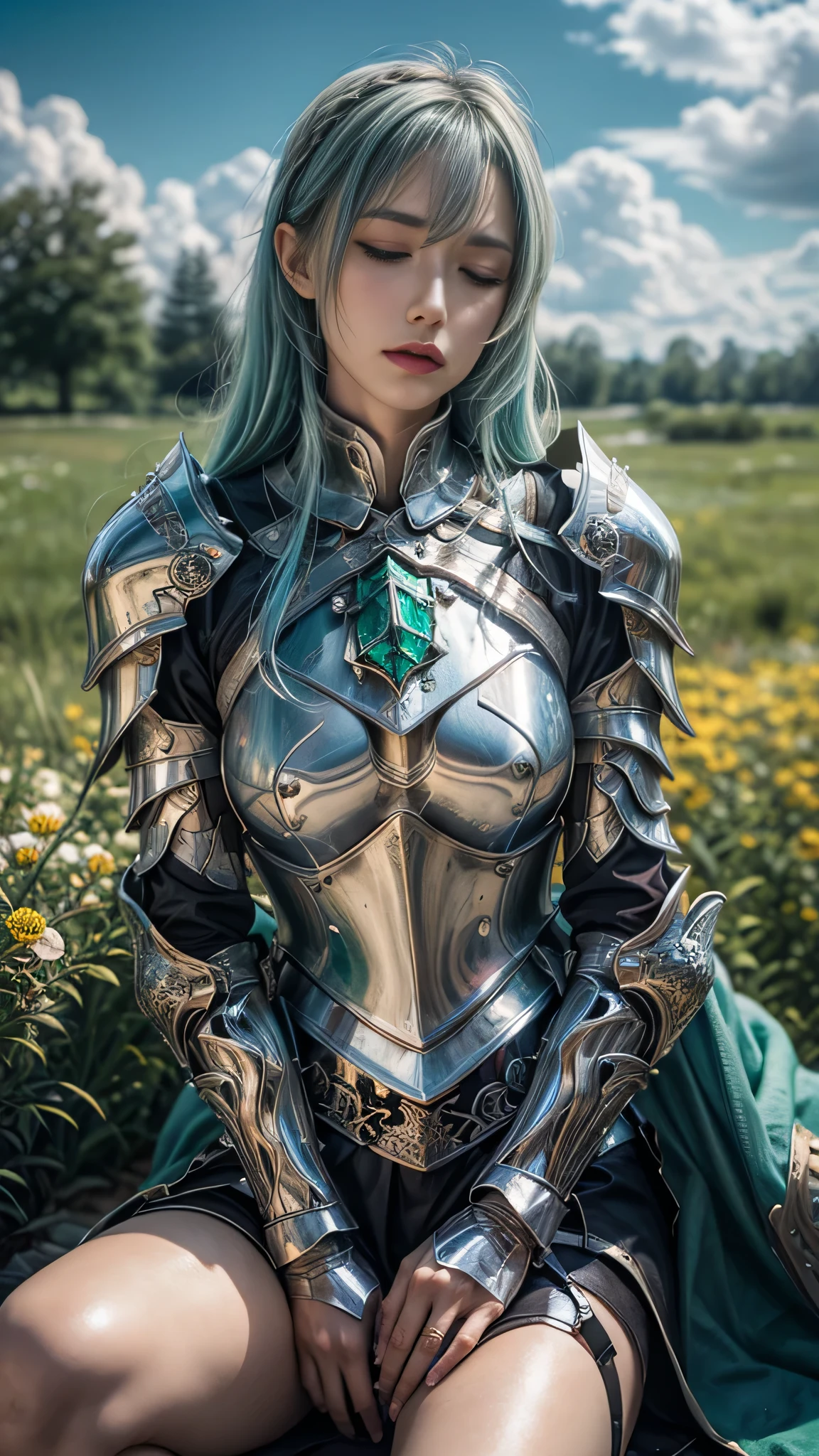 A long-haired female knight with light blue hair、wears silver plate armor, and、resting on a quiet prairie。her emerald green embellished armor shines、her shield and sword are placed on her side。She's sitting down、she is relaxing while closing her eyes {x} and feeling the gentle breeze。colorful flowers blooming around her、there are light clouds in the sky。