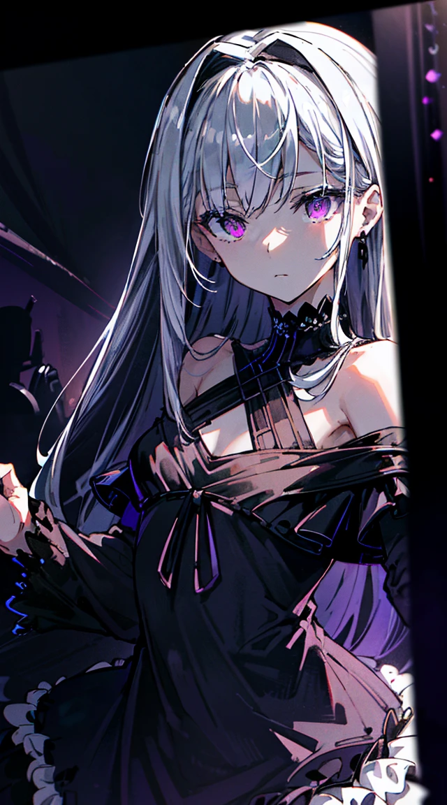 1 girl, wallpaper, whole picture, grey wall background, dark picture, dark alley in background, ruined wall background, asymmetric hair, grey hair, multicolored hair, long hair, medium breasts, psycho smile, evil_smile, dark purple eyes, view from the side, looking at viewer, long chains, neon lights in background, grin, ruffled hair, black dress