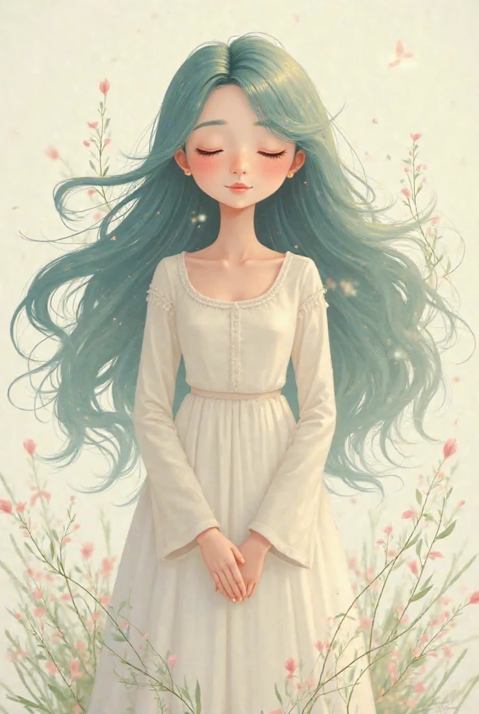 Stick figure American style,Graphic illustration about shampoo products,A long-haired girl,hair flowing down,The hair is very flowy,There are many cherry blossoms in the hair,Cherry blossom garland,The girl closed her eyes,Hold your cheeks with your hands,affectionate,intoxicated,perfect works,fresh flowers,closeup of face