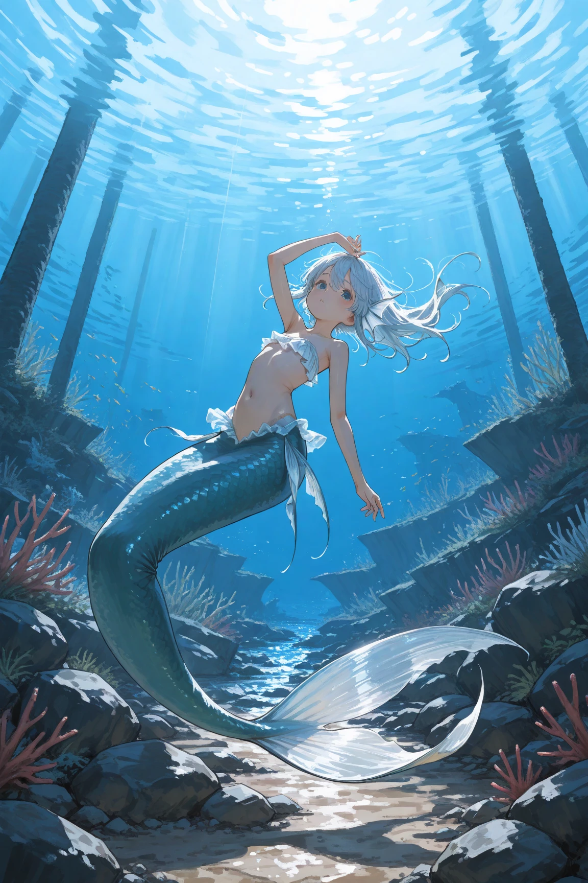 Mermaid swimming gracefully in the sea, Blue scales, The area below the shoulder is covered with fine scales., silber hair, Earlobes are fins, A scale arm covering that sticks to the skin, elegantly spread caudal fin