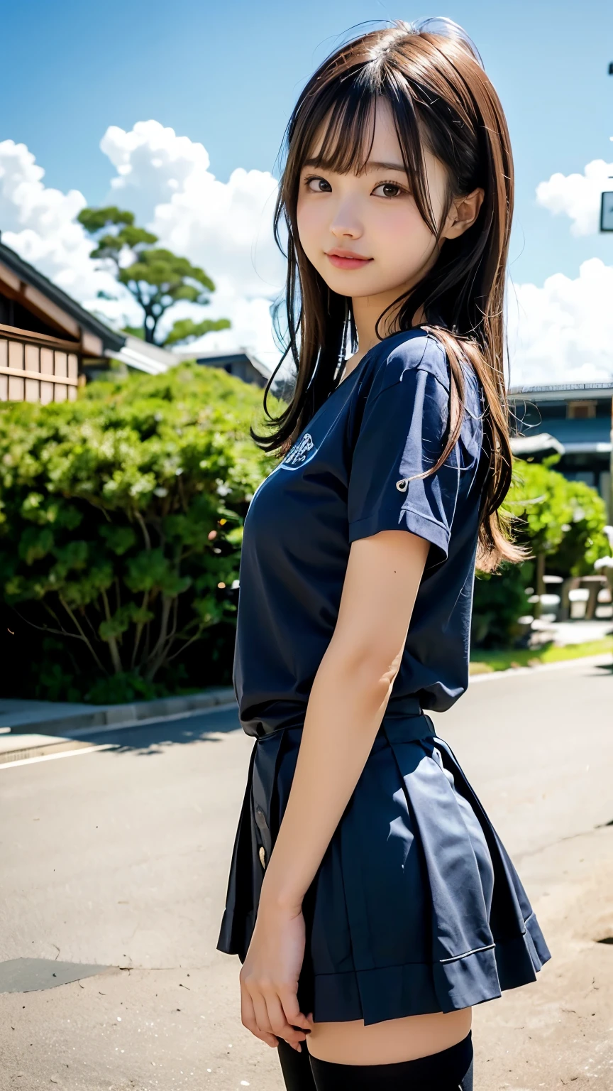Uhigh resolution, retina, masterpiece,  accurate, anatomically correct, textured skin, super details,  attention to detail , high quality, Awards, 最high quality, high resolution, 1080P, high resolution, 4K, 8k, 16k、blue sea、Wide sky、Deep sandy beach、girl、１people々々、cute、8k,masterpiece,Japanese, girl,and earlier,とてもcute:1.3,smile,  innocent face, Gentle Eyes,work,small breasts,t-shirt,Short sleeve,short skirt,Semi Long,noon,  bright,1 cherry blossom, matsumoto ichika,
