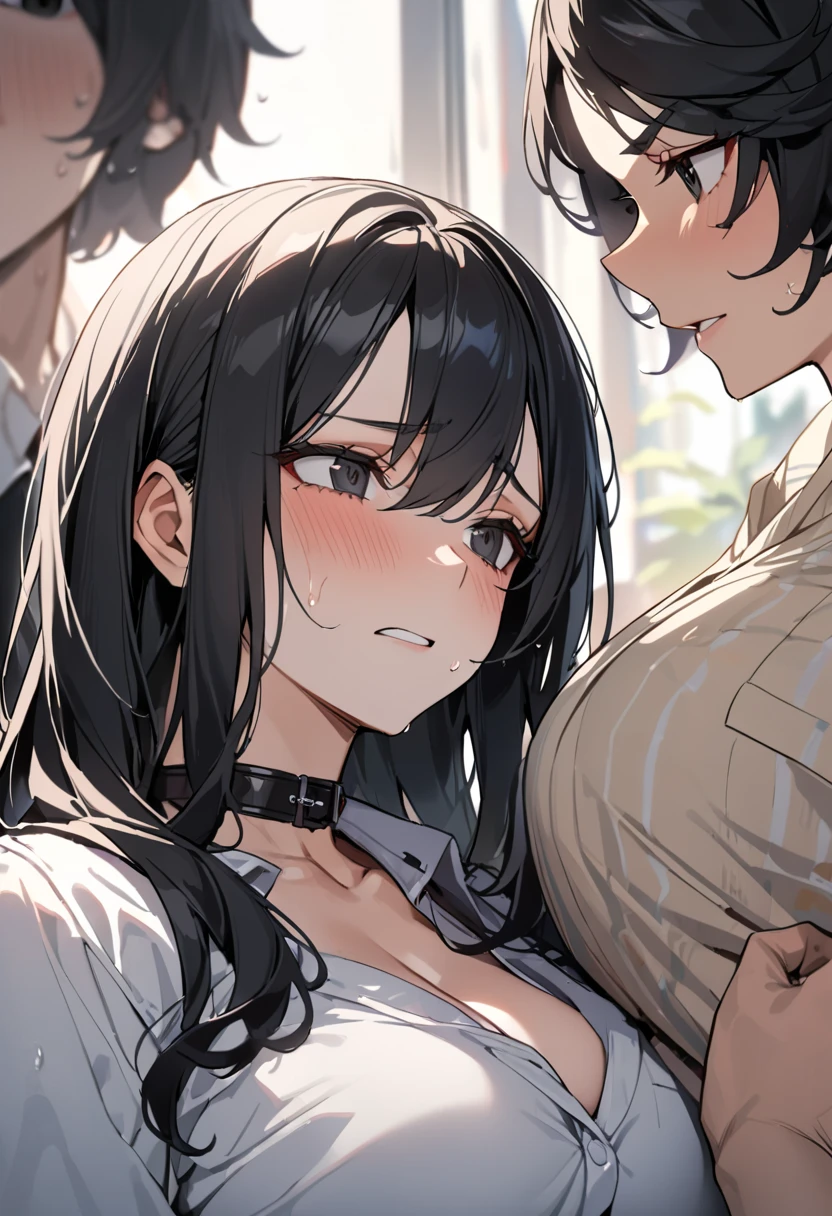 Close up on face、NSFW:1.3、28-year-old female、naked:1.9,Open your mouth wide and take the penis:1.6,Blowjob:1.9,night:1.3,Sweat:1.3,Tears of despair:1.3. Blushed cheeks:1.3,humiliation:1.3,Missionary sex:1.3,Angry face:1.3.Teeth grinding:1.3,Glare、Long black hair ponytail,(Slit eyes、Brown eyes、tall、Big breasts)、