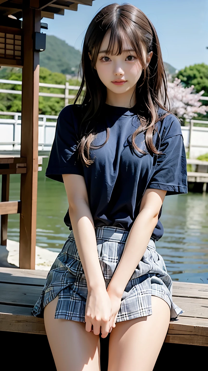 Uhigh resolution, retina, masterpiece, accurate, anatomically correct, textured skin, super details, attention to detail , high quality, Awards, 最high quality, high resolution, 1080P, high resolution, 4K, 8k, 16k、blue sea、Wide sky、Deep sandy beach、girl、1people々々、cute、8k,masterpiece,Japanese, girl,and earlier,とてもcute:1.3,smile, innocent face, Gentle Eyes,work,small breasts,t-shirt,Short sleeve,short skirt,Semi Long,noon, bright,1 cherry blossom, matsumoto ichika,