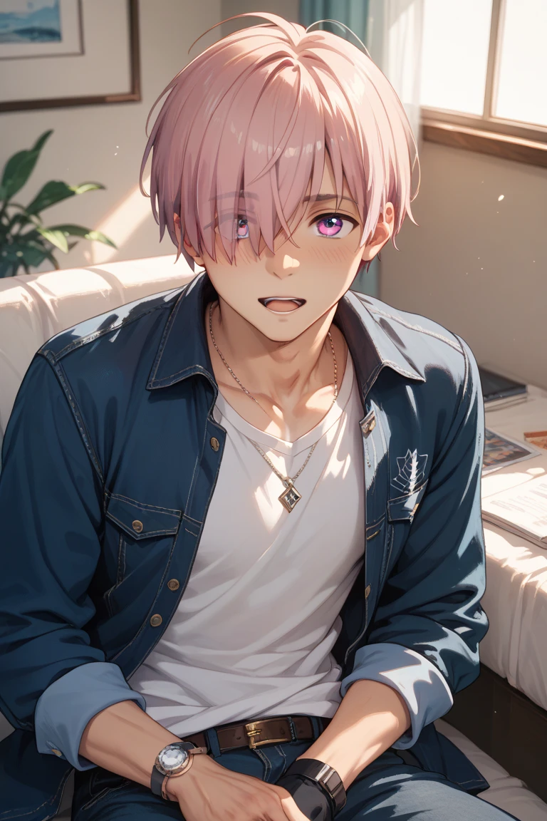 Homem jovem cabelo rosa, com camisa com capuz preto(estilo itadori/anime/manga). In a room near the window, noite escura e estrelada, 4k anime desenhado