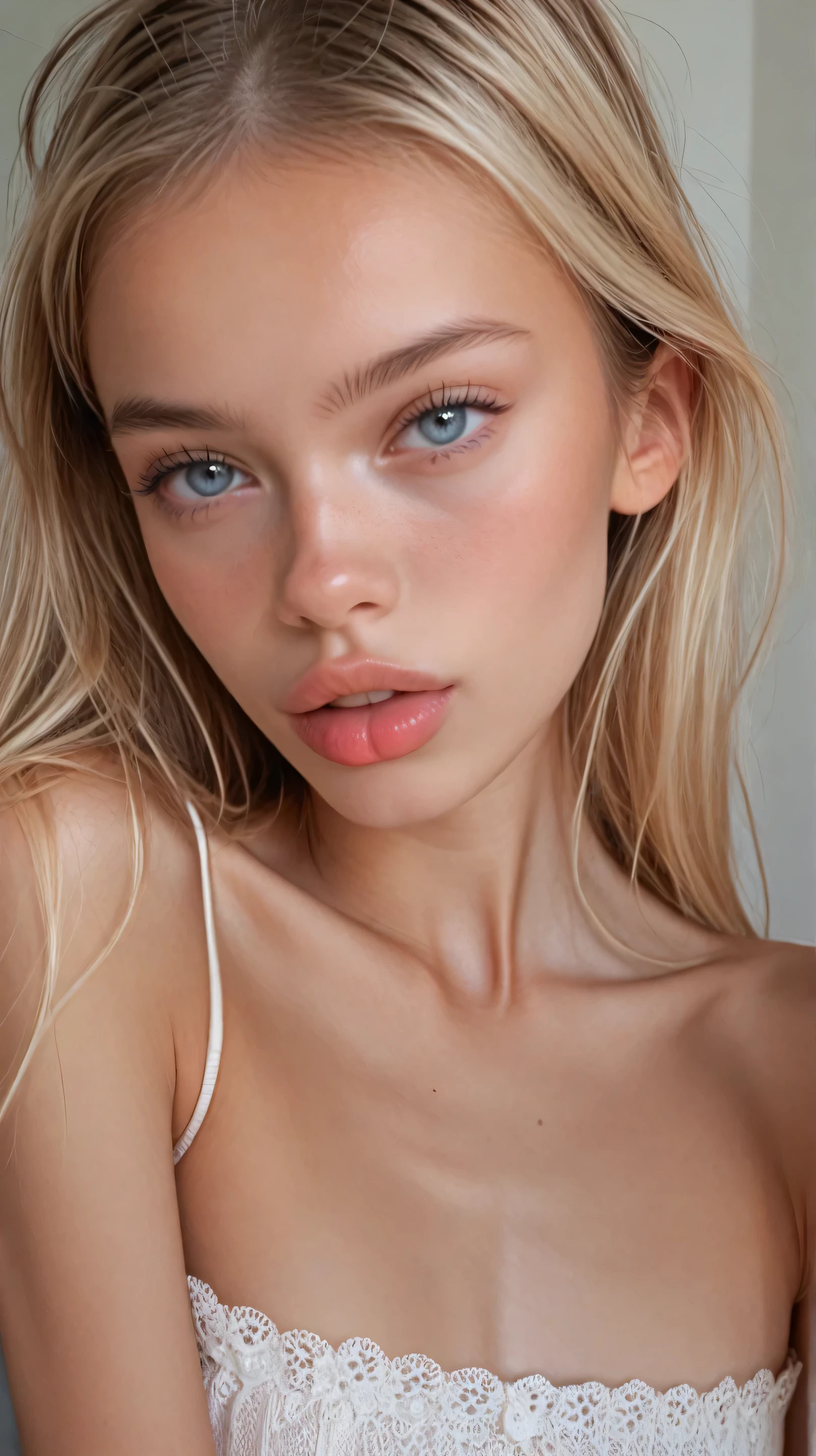 18 years old skinny petite girl with very volumed long straight brown hairstyle with face is very cute ultra realistic very symmetrical her eyes are normal, lips are very detailed and realistic. Her face is very detailed . The eyes are light colours and very realistic licking the pussy of her blonde skinny girlfriend