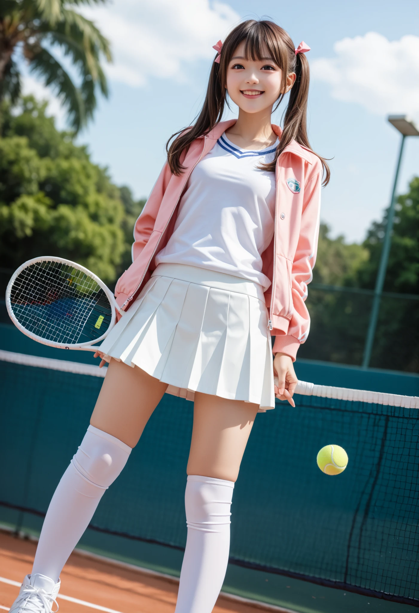 An amazingly cute Japanese girl is hitting back a tennis ball with a tennis racket in tennis wear at school club activities 、(The line of sight is on the opponent's coat)、 (wearing Japanese tennis wear on the school tennis court), (純白色のundercoat that stands out locally)、 、 Gravure idol with realistic young face , young slim and amazingly cute gravure idol , (TWIN TAILS) 、 Beautiful skin、 oily skin 、 (( Low Angle Shot))、 sports boots、 realistic atmosphere, cute girl,Young Face,baby face, cute 、 Beautiful breasts with shapes that are too cute、 Too cute、 middle school student、(smile)、 ((A glimpse of her white pants、undercoat that stands out locally))、(( White Super Mini Skirt ))、((Panchira))、
