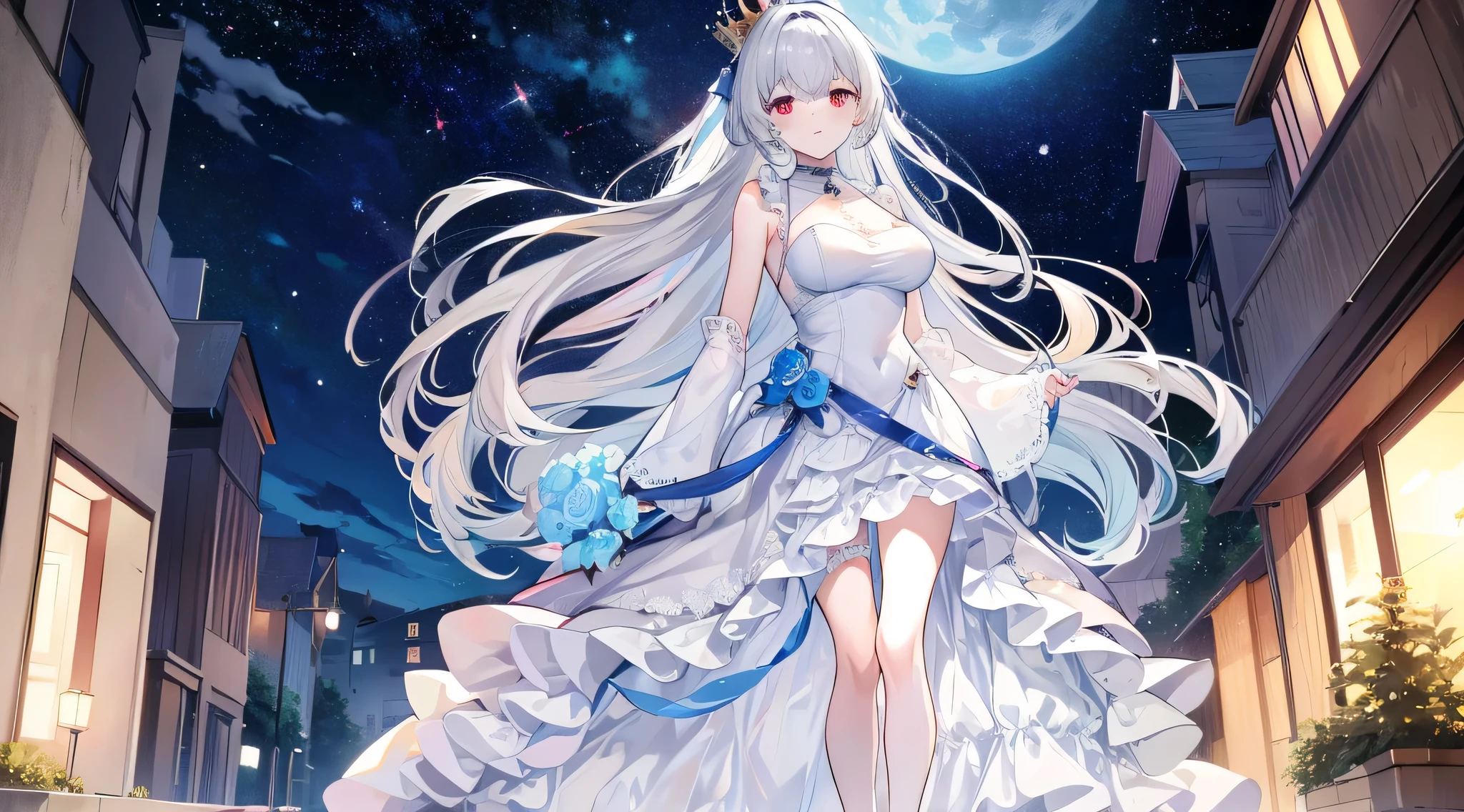 best quality,(long train blue cape:1.15),(long train white ball gown with floral decoration:1.15), a girl is wearing a cape over her dress, anime style, rococo style, little princess, tiara, kind smile, very long hair, small breast, perfect fingers, masterpiece