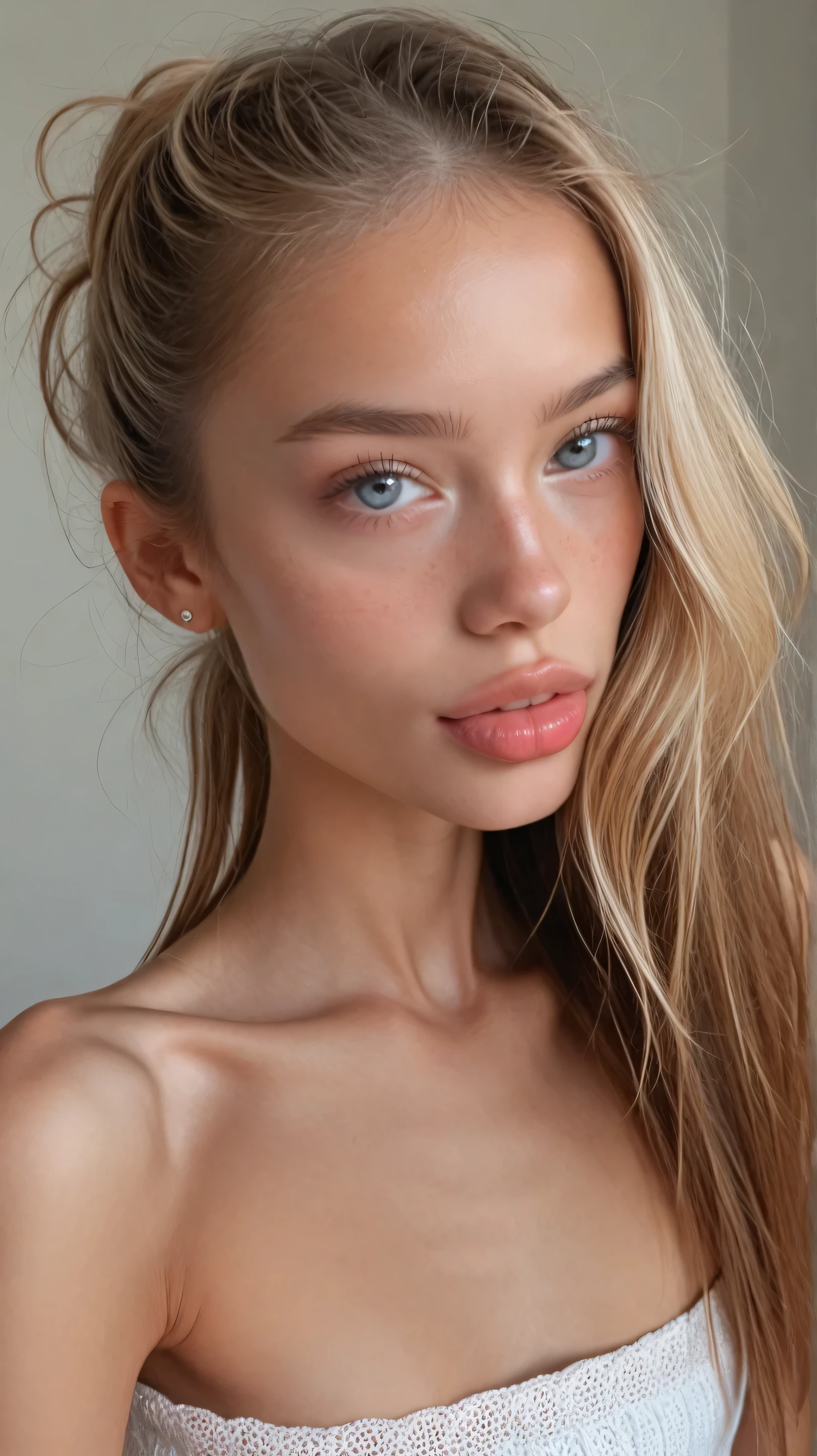 18 years old skinny petite girl with very volumed long straight brown hairstyle with face is very cute ultra realistic very symmetrical her eyes are normal, lips are very detailed and realistic. Her face is very detailed . The eyes are light colours and very realistic licking the pussy of her blonde skinny girlfriend