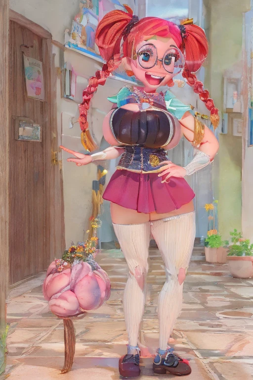 (best quality, masterpiece1.2), 1girl, solo, anthro, solo, looking at viewer, smile, 1girl, standing, full body, bonfie, purple body, pink eyes, purple hair, multicolored hair, red hair tips, red eyeshadow, bunny ears, bunny nose, ffwendys, twin braids, hair bow, striped dress, striped sleeves, puffy sleeves, striped thighhighs, restaurant background,
