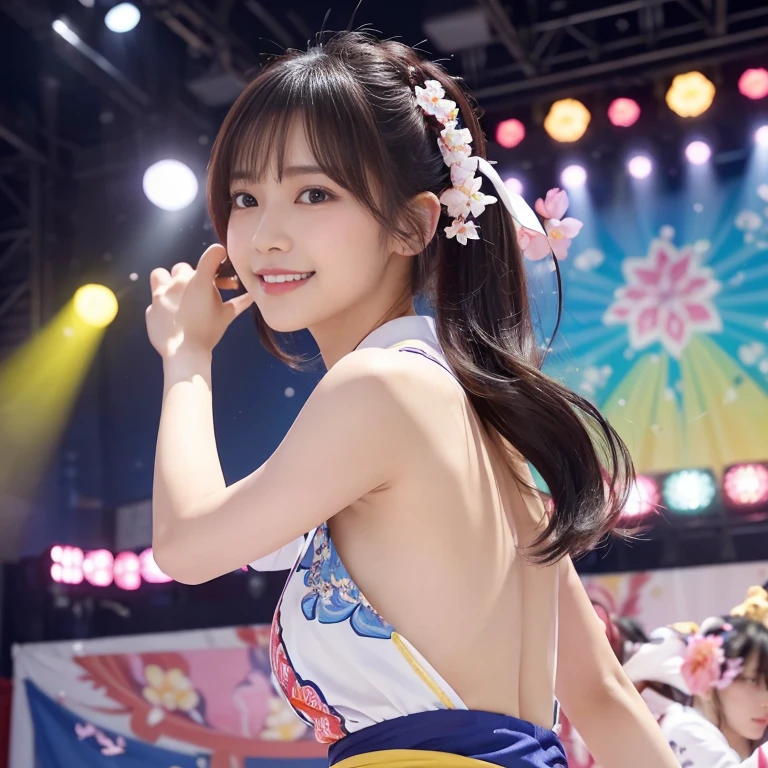 Raw photo、A girl stands on a large raised stage、big breasts、concert venue、singing and dancing)bright smile(17 year old girl、small face、very beautiful face、idol makeup)(((super fair skin、Whitening skin、pure white skin))) realistic skin(sparkling eyes)、big breasts、thin waist、long legs、big ass (red hair、long hair、hair behind ears、beautiful hair、smooth hair)She performs a solo on stage(((Kunoichi、Ninja costume with detailed, beautiful and colorful patterns))))Ninja house background((The atmosphere is colorful concert lights,Upper Light、 Create a seductive glow around her))Her adorable look、
