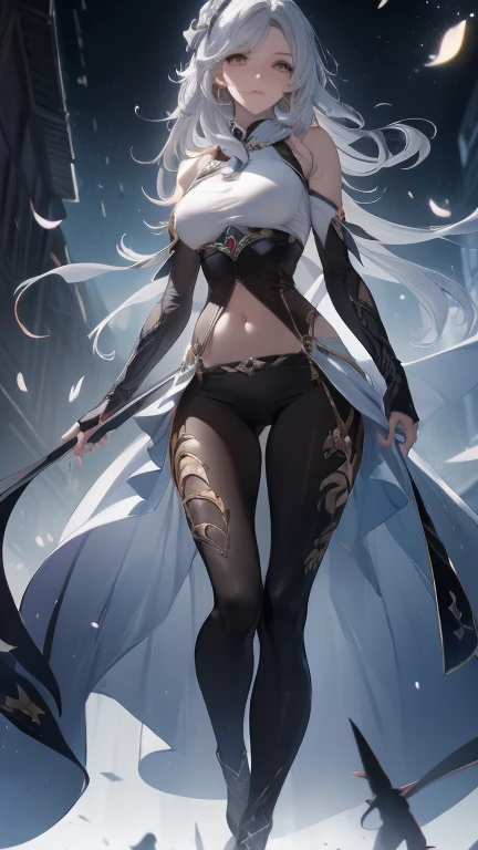 girl, long sleeves, black hair, short hair, white leggings, black eyes, tight fit, leggings, hands above head, very big breast, masterpiece, best quality, smug smile, leaning forward, mouth open, full body