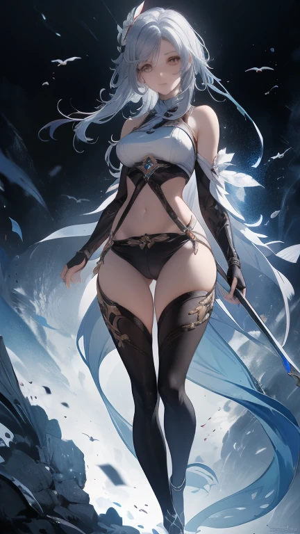 (thick thighs:1.4), (stunning big ass:1.4), (ample hips:1.4), anime girl in a black and white outfit climbing over a mountain, onmyoji detailed art, onmyoji, onmyoji portrait, ashe, shenhe from genshin impact, of a ramlethal valentine, azur lane style, keqing from genshin impact, genshin impact style art, from mihoyo, characters from hoyoverse, from overwatch
