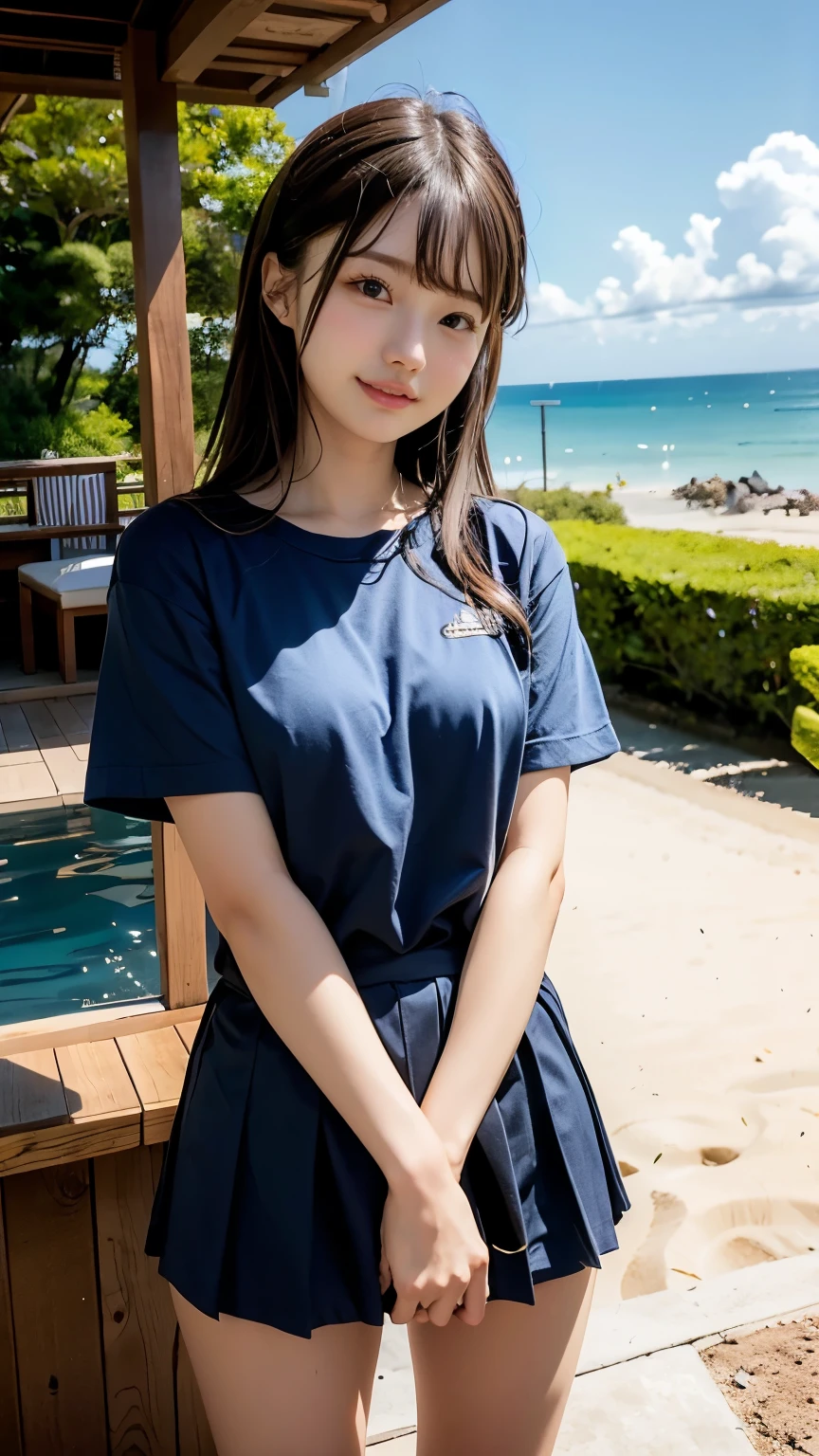 Uhigh resolution, retina, masterpiece, accurate, anatomically correct, textured skin that you can grab with your knee, super details, attention to detail , high quality, Awards, 最high quality, high resolution, 1080P, high resolution, 4K, 8k, 16k、blue sea、Wide sky、Deep sandy beach、girl、1people々々、cute、8k,masterpiece,Japanese, girl,and earlier,とてもcute:1.3,smile, innocent face, Gentle Eyes,work,small breasts,t-shirt,Short sleeve,short skirt,Semi Long,noon, bright,1 cherry blossom, matsumoto ichika,