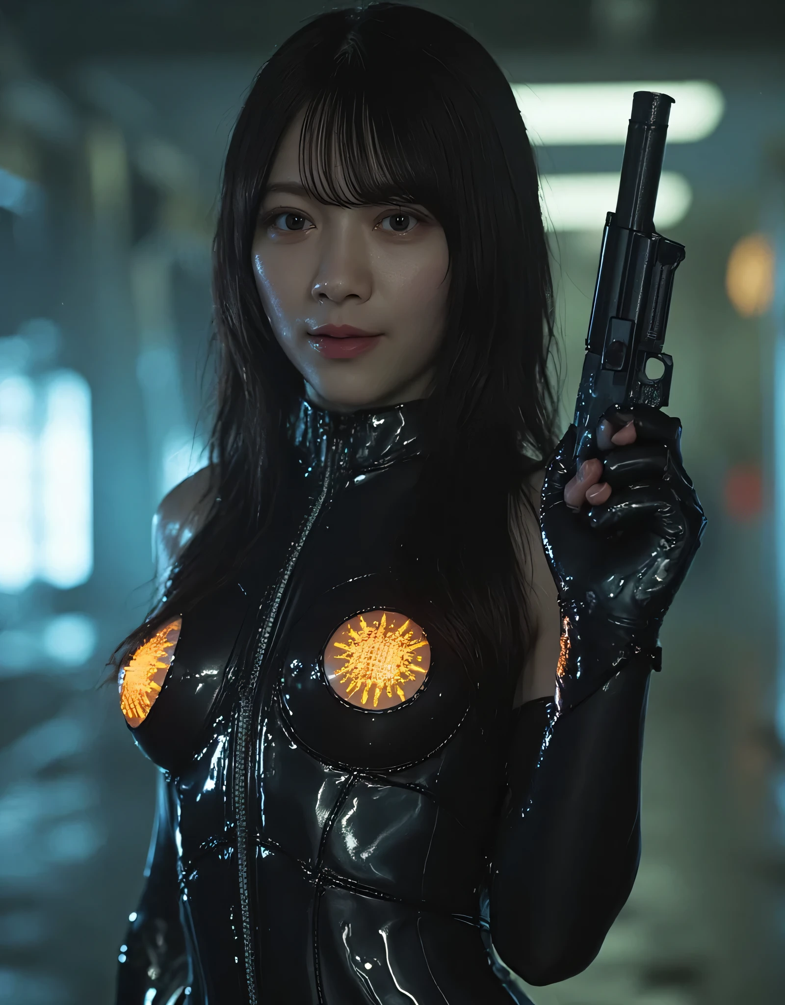 (((pitch-dark spaceship Nostromo holding 2 UZI submachine guns:2.0))),(((HR Gigger style cyberpunk atmosphere:2.0))),(((Inside the:2.0))),(( pointing a muzzle at the viewer :2.0)), standing,(((full body:2.0))),one woman,(cute face:2.0),(Beautiful well-balanced face :2.0),((long hair with bangs:2.0)),(black hair:1.5),(beautiful eyes:1.3),glamorous shot of a 20-year-old Japanese woman, Slender Beautiful Body ,((model body type:2.0)),((slim body:1.7)),Perfect Body Line,ideal proportions,((small breasts:2.0)),((Three sizes 84-55-85:2.0)),((B cup breasts:1.5)),beautiful breasts,Sensual Thighs,delicate body,(succulent:1.7),harmonious posture,((Realistic breast depiction :1.7)),carefully depict limbs based on perfect anatomy,((Black skin made of glass:2.0)),((体に密着したガラス製のfull bodyを覆うボディスーツ:2.0)),((Black bodysuit that glows from the inside with LEDs:2.0)),(Glamorous shot of a 20-year-old Japanese woman with yellow LED nipples:1.5),((Tactical Holster:1.5)),((((発光するGlamorous shot of a 20-year-old Japanese woman with yellow LED nipples:2.0)))),concept art,(Best Quality:1.5),(masterpiece:1.5),(超高resolution),resolution,UHD,(Delicate Description), carefully drawn with butterfly wings ,32k,((Realistic Skin Texture:1.5)),(((ultra-realistic:1.5))),carefully draw eyelashes,Highly detailed faces,Highly detailed female hand, Sexy appearance ,very sensual,(Blurry Dim Backgrounds :1.5),Professional Photography,(Movie Lighting:2.0),((Blade Runner style light:2.0))