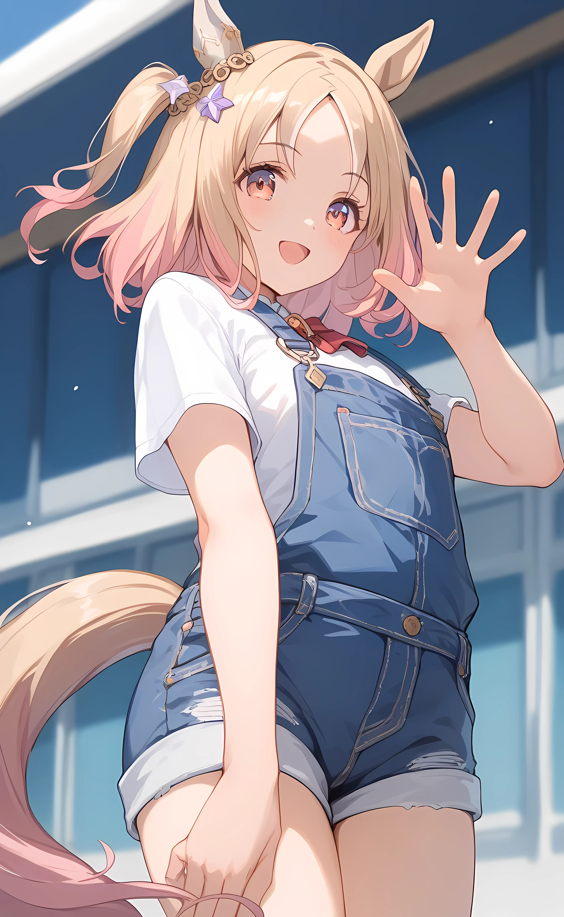 narita, horse tail, short hair, animal ears, ear ornament, ear covers, single ear cover ,((thigh-to-face close-up)), ((school yard)),(( standing)),(( waving with her right hand to say hello)),(((close your eyes))),((smiles)),(Dyed slightly red on the cheeks),( white short sleeve shirt),(blue denim shorts overalls),(Diagonal side view),(angled side up image),((smooth thighs)),((thigh-to-face close-up画像)),