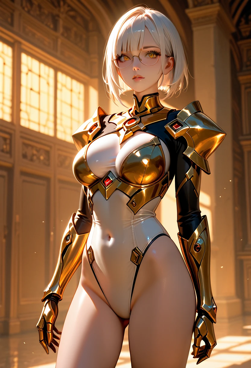 South African woman, Caucasian South African Woman, white skin, cyberpunk, secretary, cyberpunk background, sitting at cyberpunk desk, wearing luxtech, clothing is black and gold, wearing luxury clothing, white skin, large breast, sexy attire, upskirt, flashing panties, wearing thong, wearing glasses, wearing ssahc