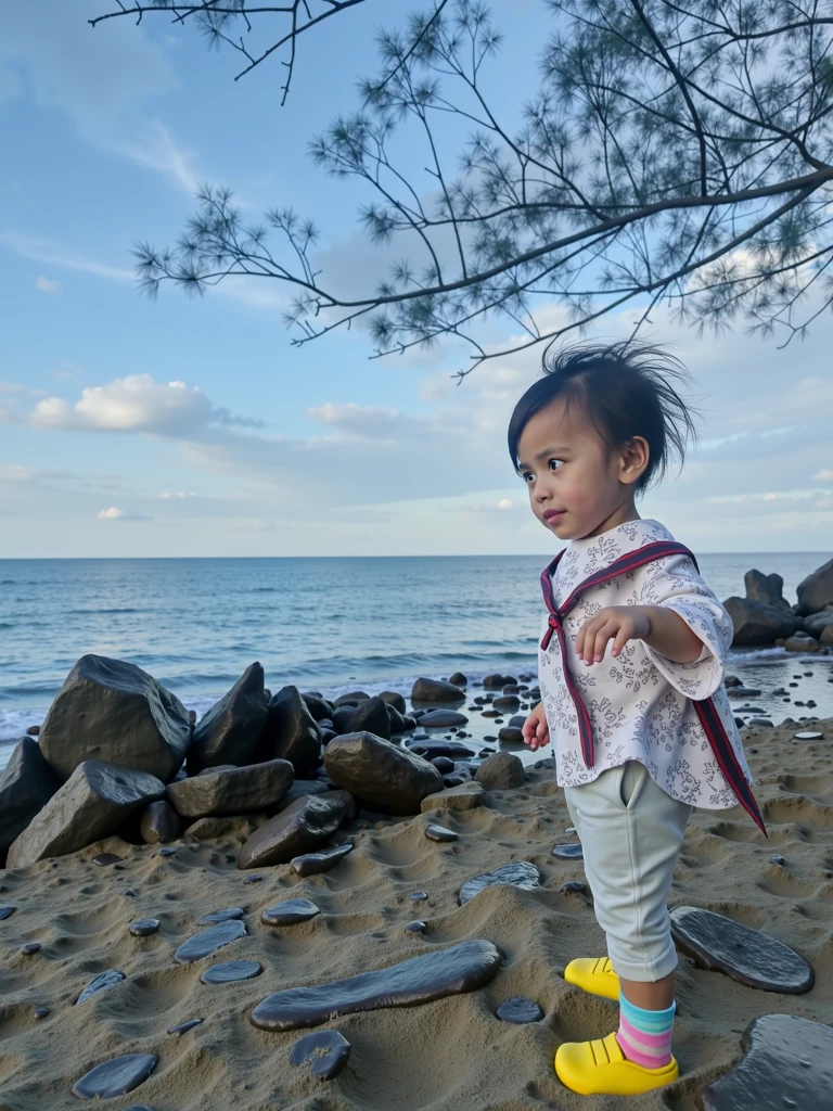 there is a little girl standing on a wall by the water, standing beside the ocean, at sunrise, with sunset, during sunset, at beach at sunset, at the sunset, during sunrise, at a beautiful sunset, next to the reflecting ocean, at sunset, standing near the beach, looking at sunset, girl watching sunset, during a sunset, A 10-year-old child, com cabelos castanhos curtos, Rosto redondo, rosto redondo com sorriso encantador, e olhos castanhos