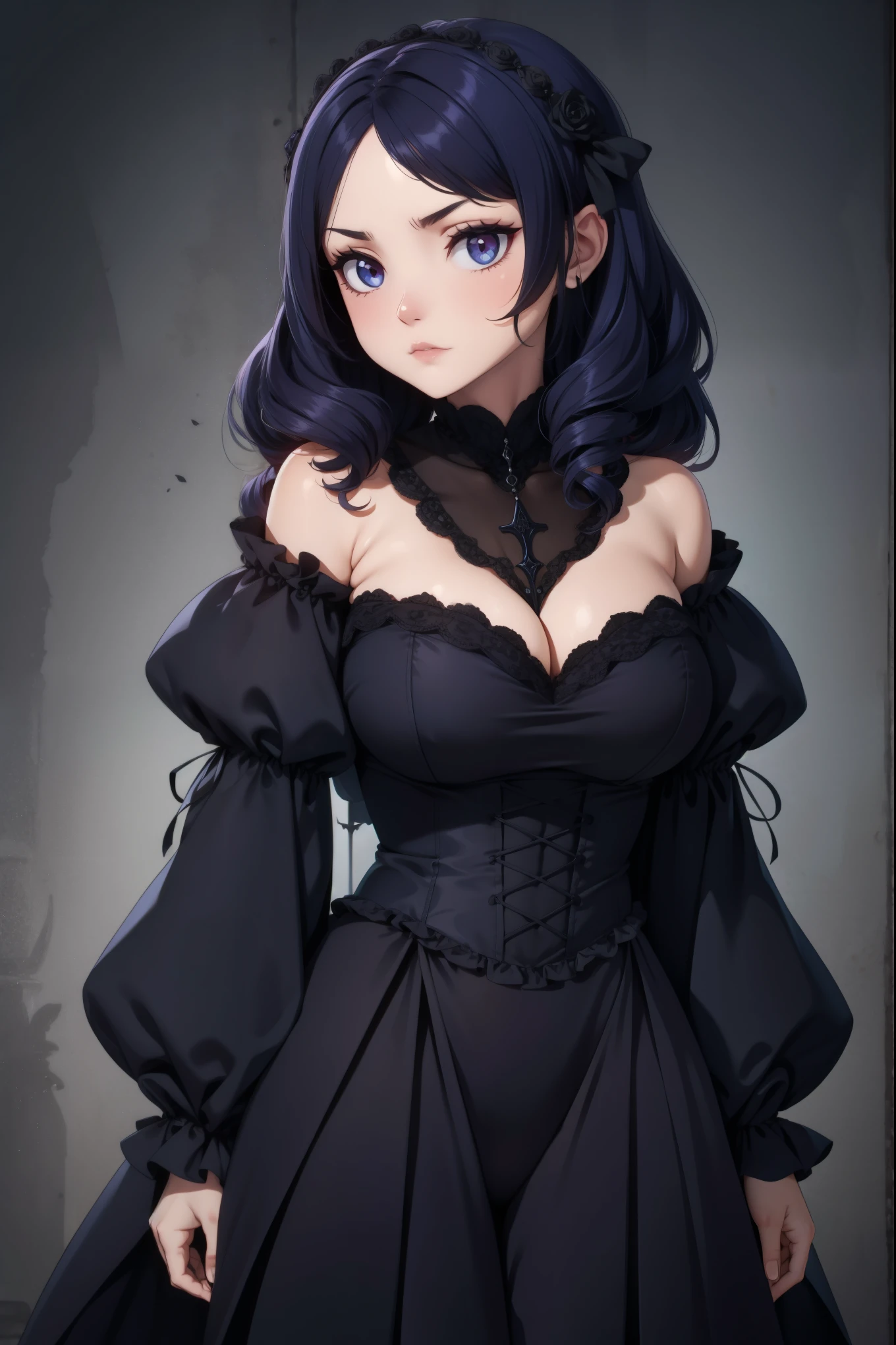 A black haired woman with violet eyes with an hourglass figure with black fox ears and a black fox tail in a Gothic ta dress is holding a trophy at the park