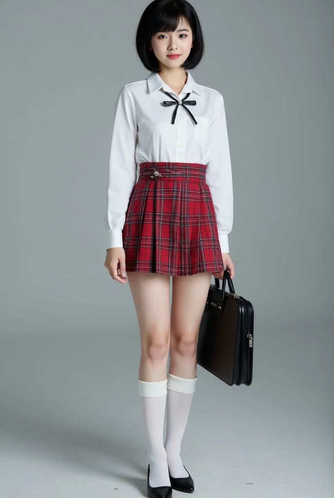 Saoirse Ronan dressed in dress shirt wearing a bow with short skirt and red stockings and smiling sexy.