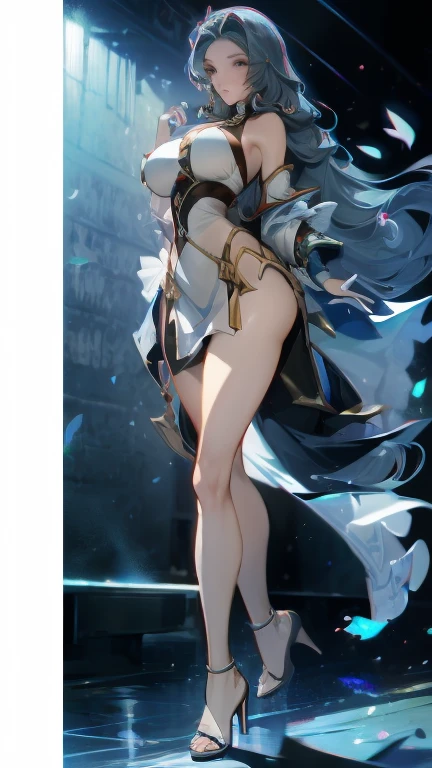 Digital art, Asuna, Sword Art Online, anime girl, long blue hair, elegant expression, white and blue armor, sword, large breasts (32B), toned arms, athletic build, smooth skin, shapely legs, muscular calves (15 inches), delicate feet (size 6), intricate details, dynamic pose, soft lighting, warm colors, subtle shading, 4k, high resolution, ultra high resolution, intricate detail, detailed texture, sensual atmosphere, alluring gaze, solo character, single figure, no duplicate, no extra limbs, no mutated hands, no dehydrated skin