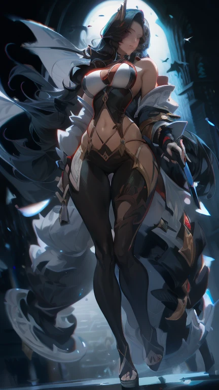 girl,(((brown skin))), hidden arms,long hair, white hair,curly hair,yellow eyes,(((villain,psycho,villain smile, psychopath, angry))), medium boobs,show belly,gold armor outfit, black small shirt,long black stockings, detailed clothes, masterpiece, hyper realistic, high definition,black horns,black pantyhose,elves ears,yellow scarf,(((standing inside of a room in mansion in night))),((( blue lightnings arround,blue sparks surrounds,blue lightning in body)))