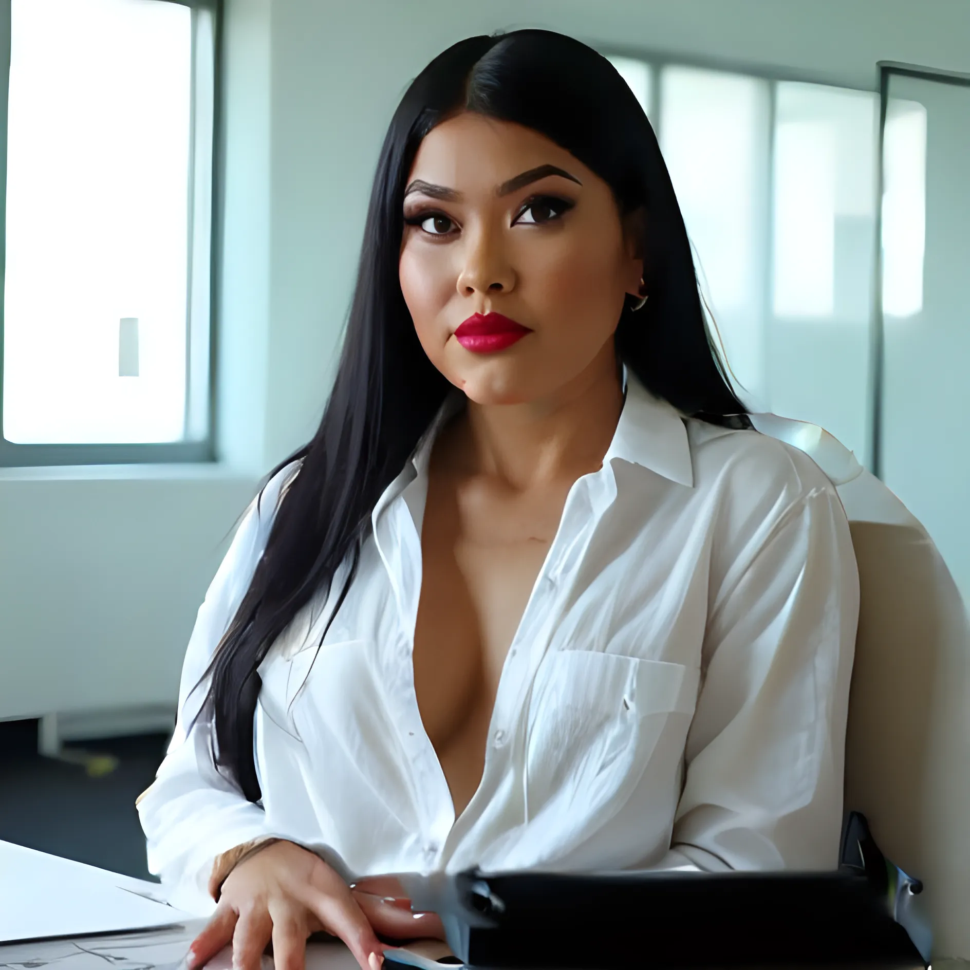 at office in background,looking at viewer,depth of field, bokeh,light falling,((MILF))
1girl wearing an office outfit, red shirt, black skirt ,huge breasts,
brown eyes,(long hair, black hair, very straight hair:1.4, hime cut:1.4), earrings necklace,pout,
photography, masterpiece, best quality,HDR, highres,realistic details, glowing skin, mature figure, voluptuous body, voluptuous breasts, perfect body, wide hips, colorful, looking at viewer, Hyperrealistic, from the front, watercolor, traditional media, (chromatic aberration, intricate details), dynamic poses,dynamic angle,
40K, HDR, highres,