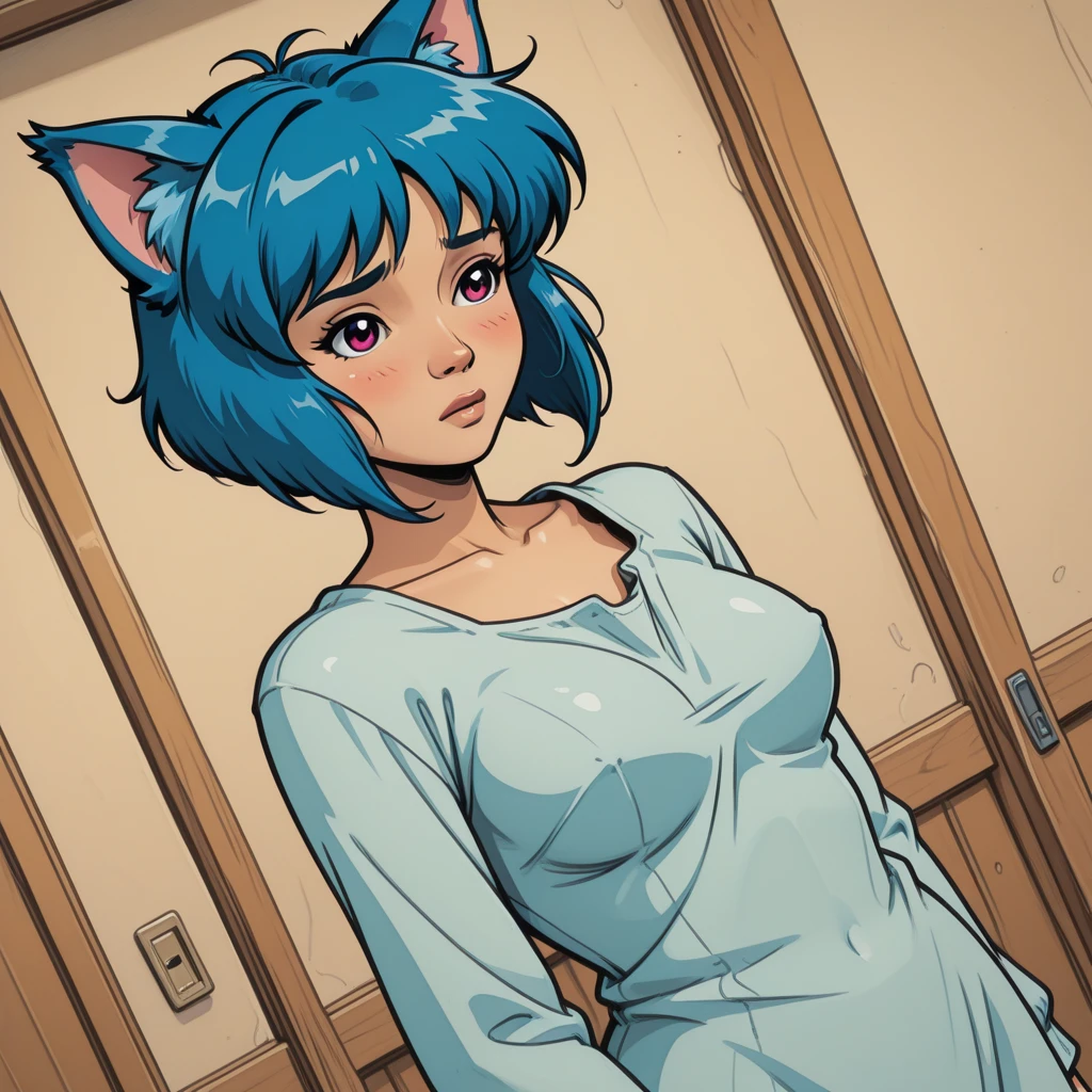 1 female,  cat girl , oversized white t-shirt going all the way to the thighs, arms crossed under breast, hourglass figure, white eyes, french braid, blue hair, annoyed, cat ears, rococo style, Ghibli-like colours, in an apartment, best quality
